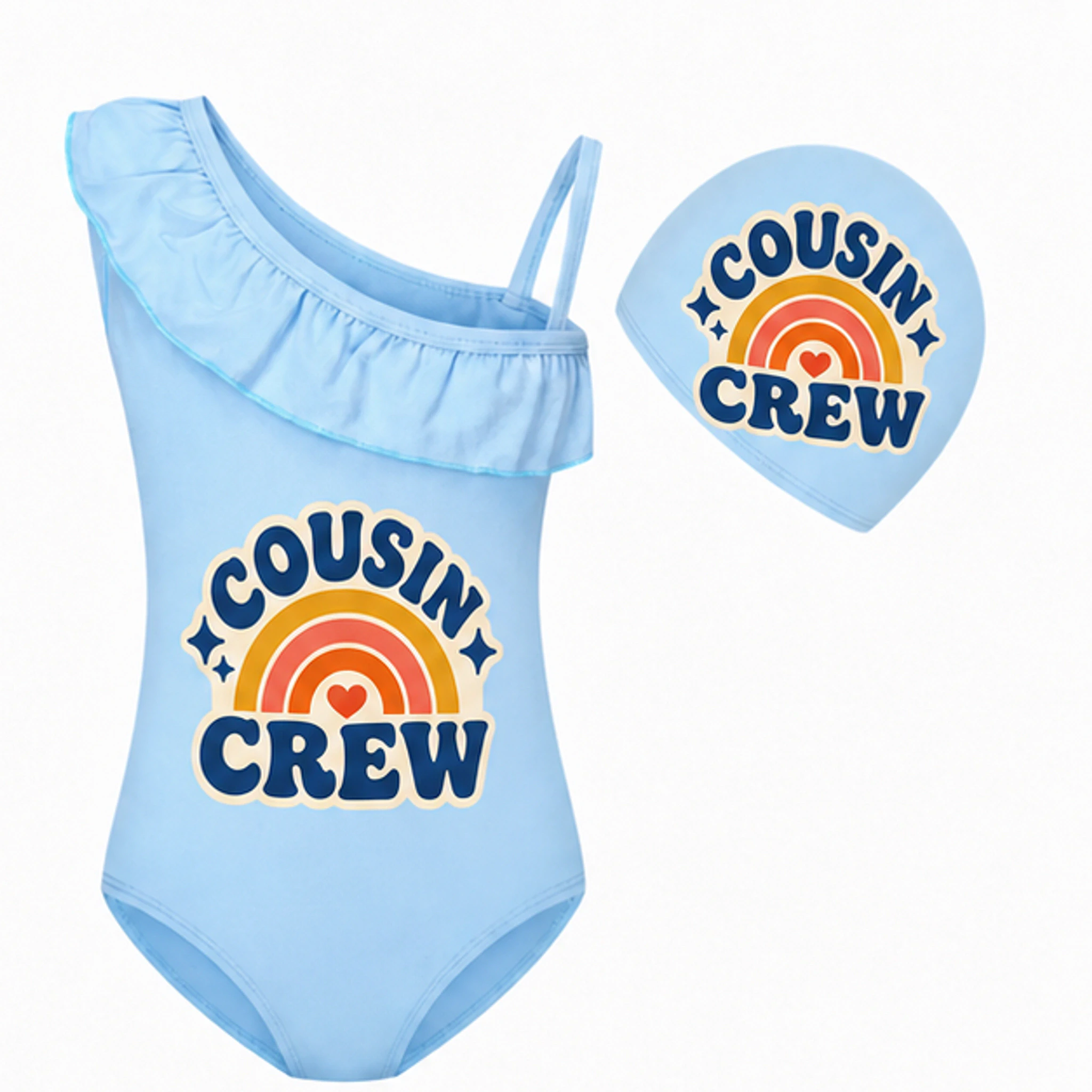 Light Blue · Set Custom Girls Asymmetric-Ruffle Swimsuit and Cap Set with the Cousin Crew design