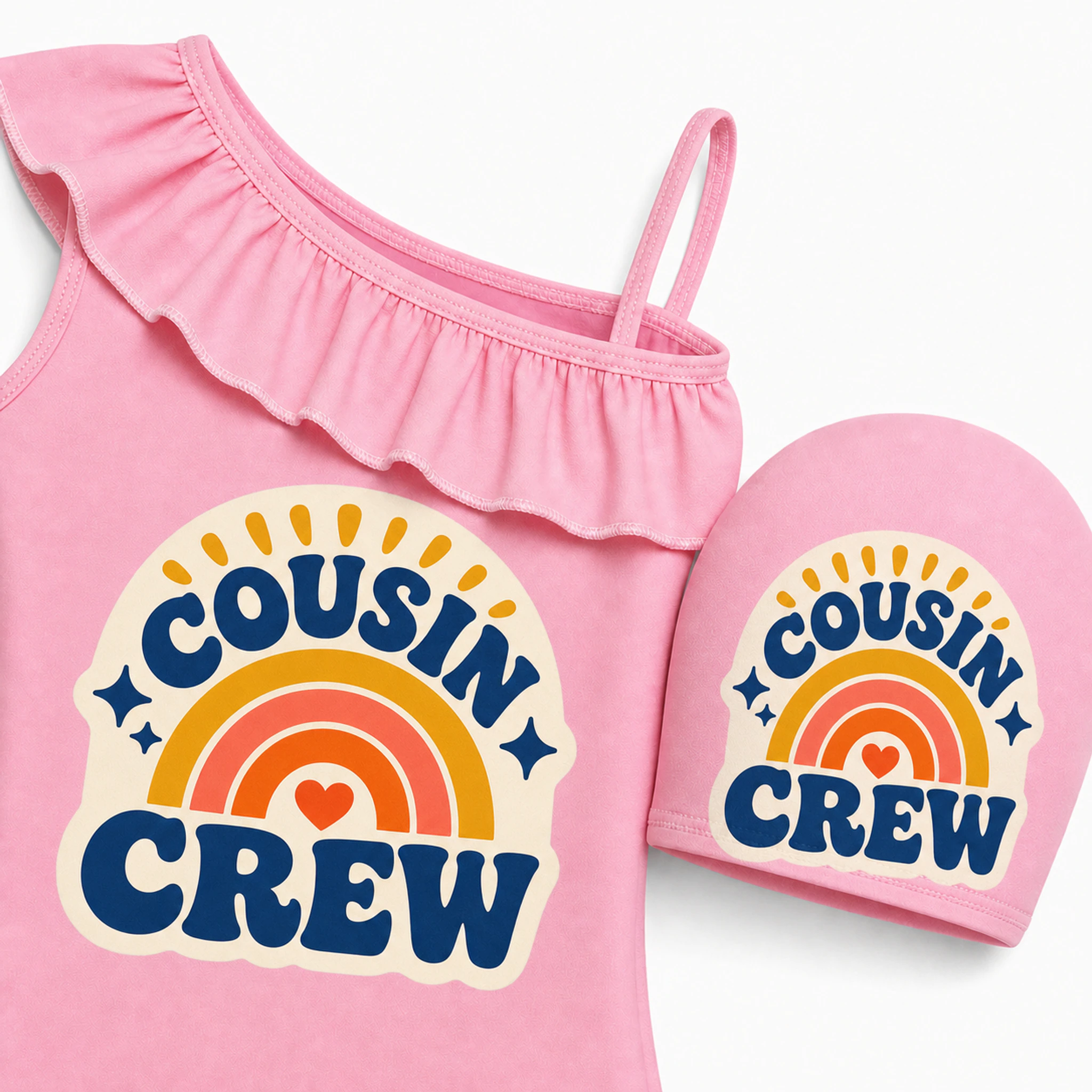 Cousin Crew Custom Girls Asymmetric-Ruffle Swimsuit and Cap Set print, fabric, and construction details