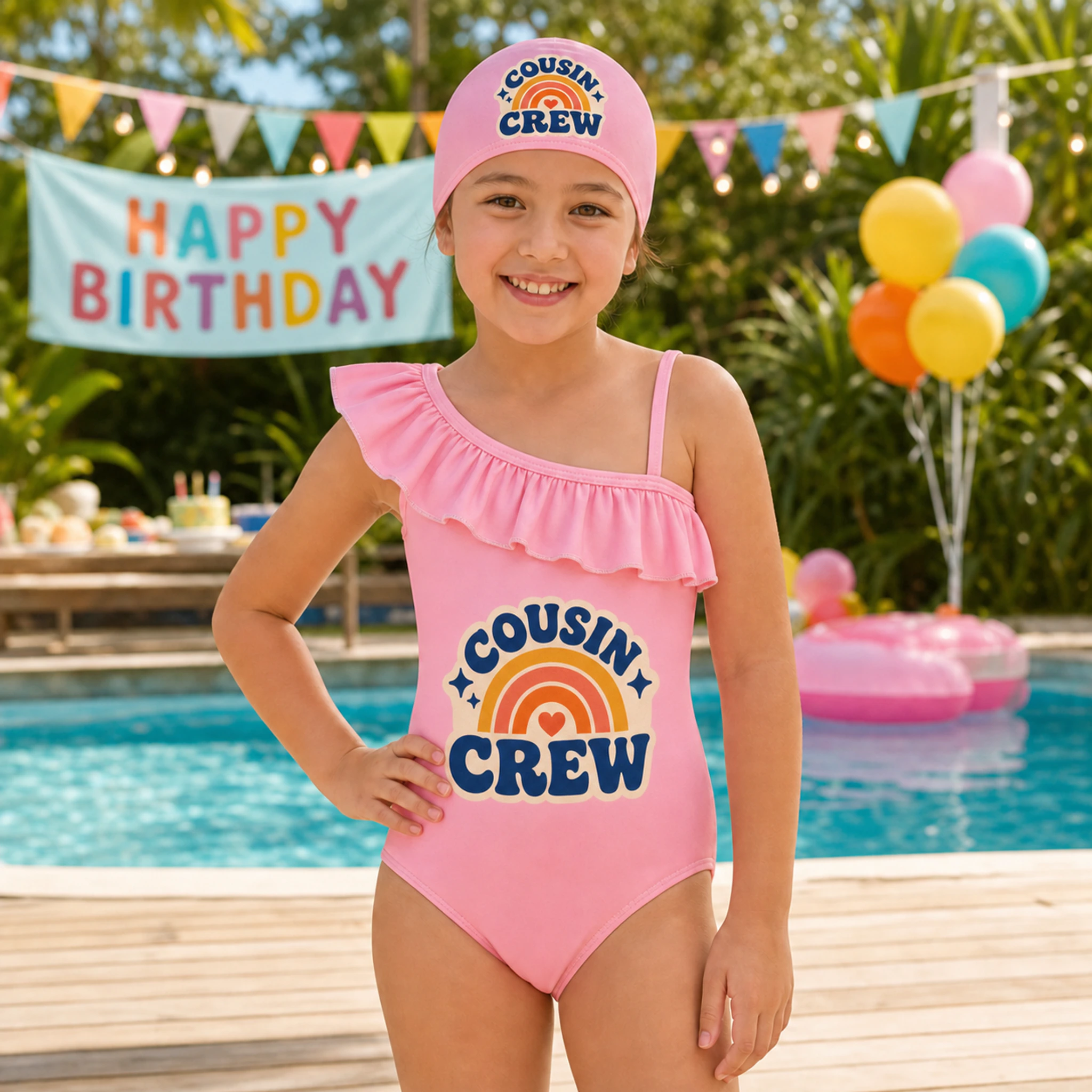 Cousin Crew Custom Girls Asymmetric-Ruffle Swimsuit and Cap Set shown in a styled lifestyle setting