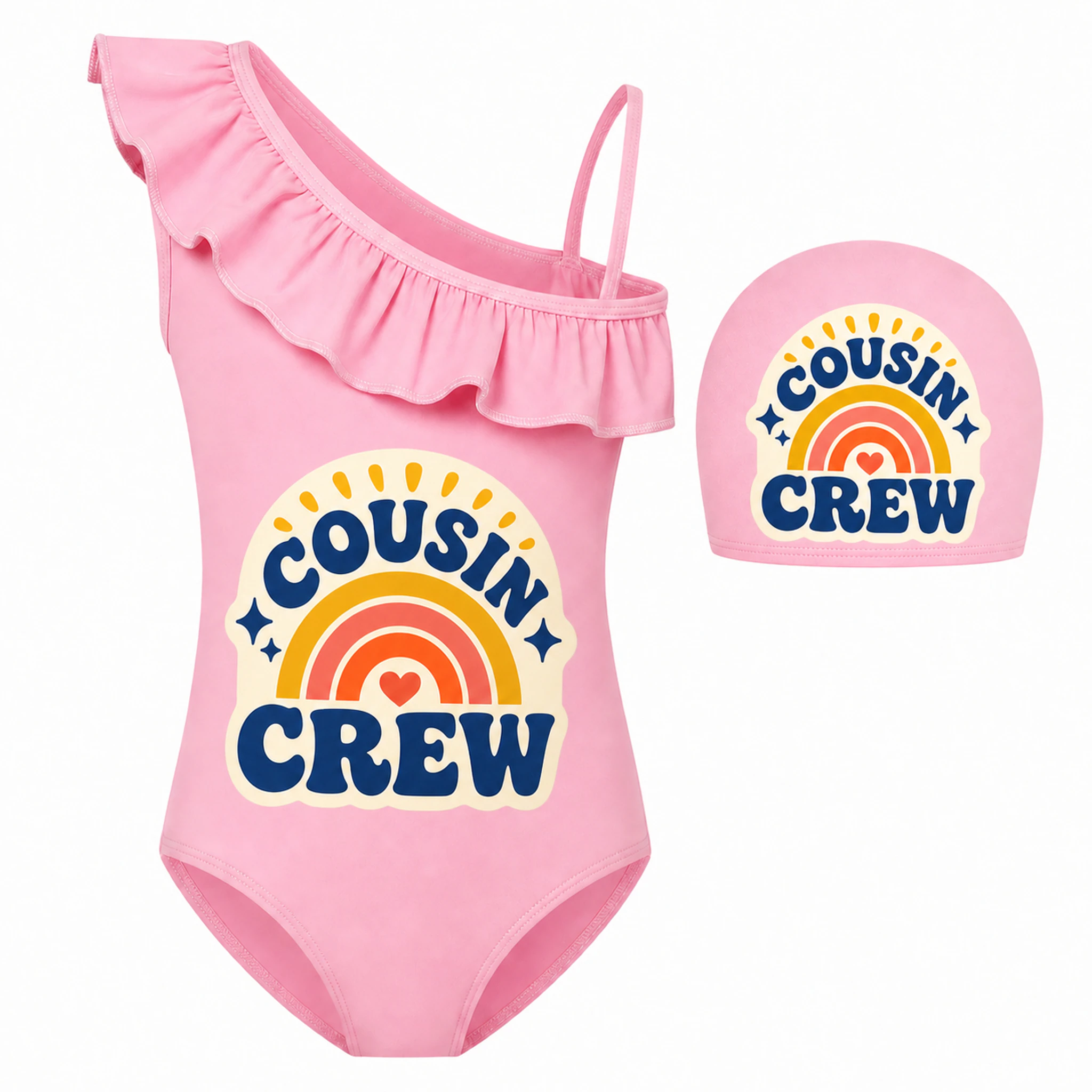 Cousin Crew Girls Asymmetric-Ruffle Swimsuit and Cap Set for Kids product preview