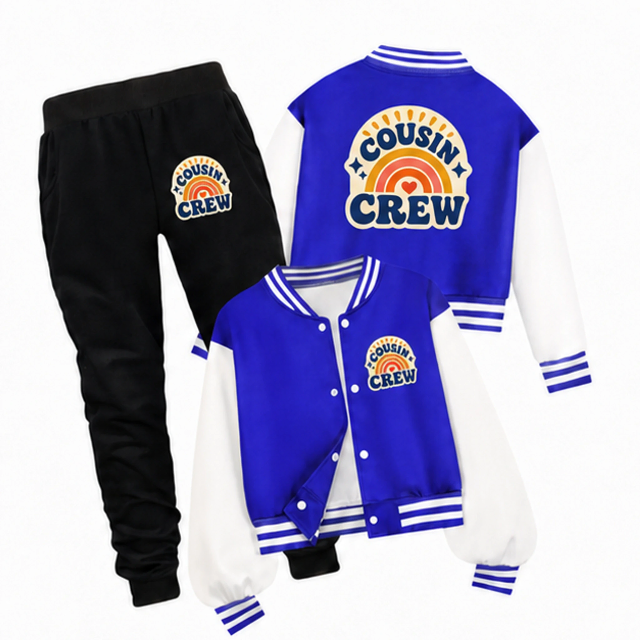 Blue · Set Custom Kids Baseball Jacket and Pants Set with the Cousin Crew design