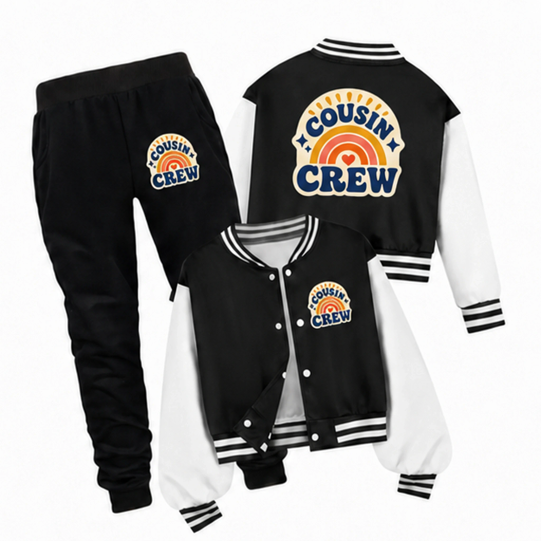 Black · Set Custom Kids Baseball Jacket and Pants Set with the Cousin Crew design