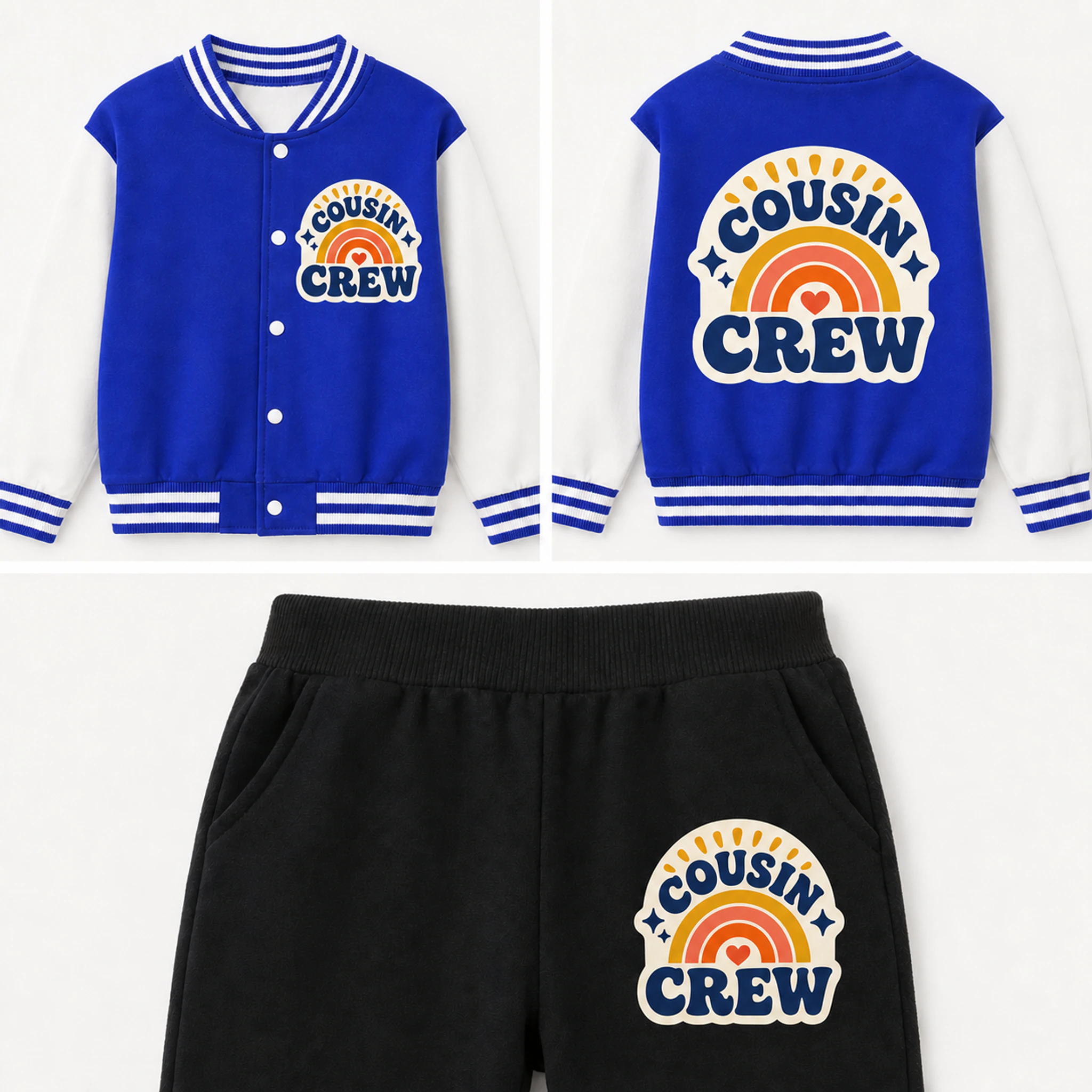 Cousin Crew Custom Kids Baseball Jacket and Pants Set print, fabric, and construction details