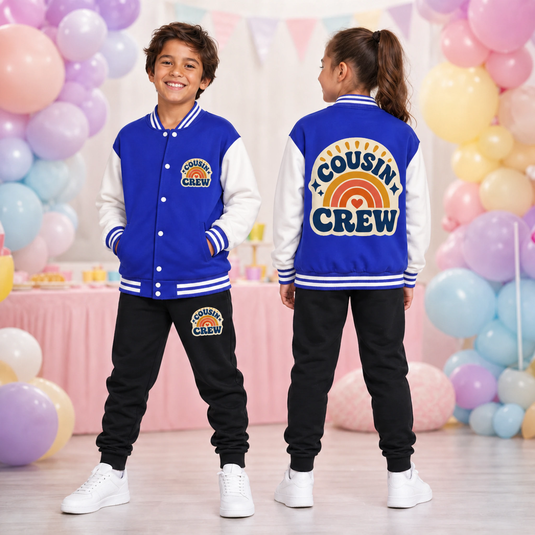 Cousin Crew Custom Kids Baseball Jacket and Pants Set shown in a styled lifestyle setting
