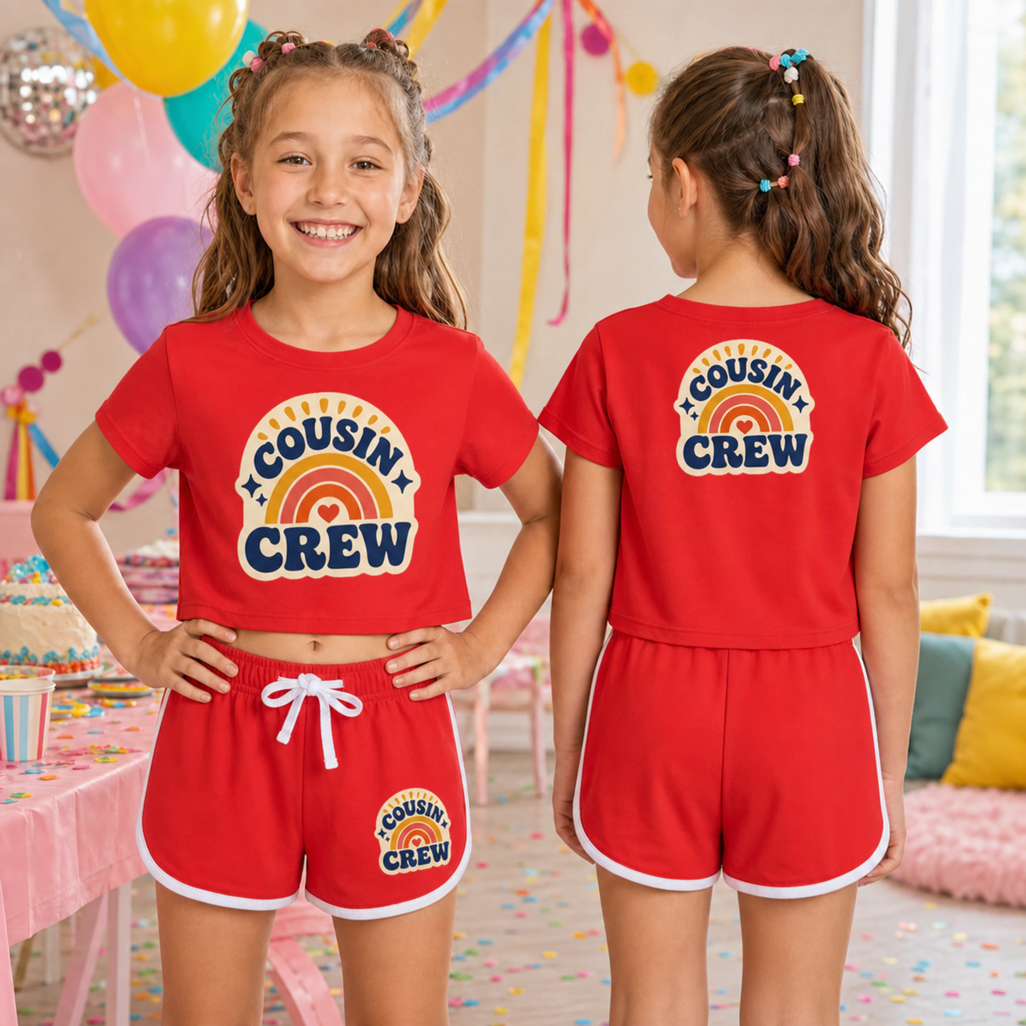 Cousin Crew Custom Kids Checker Short-Sleeve Top and Shorts Set shown in a styled lifestyle setting