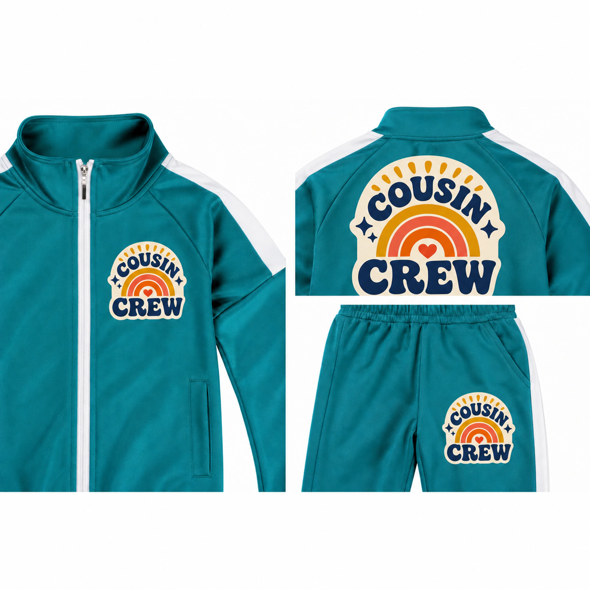 Cousin Crew Custom Kids Color-Block Jacket and Pants Set print, fabric, and construction details