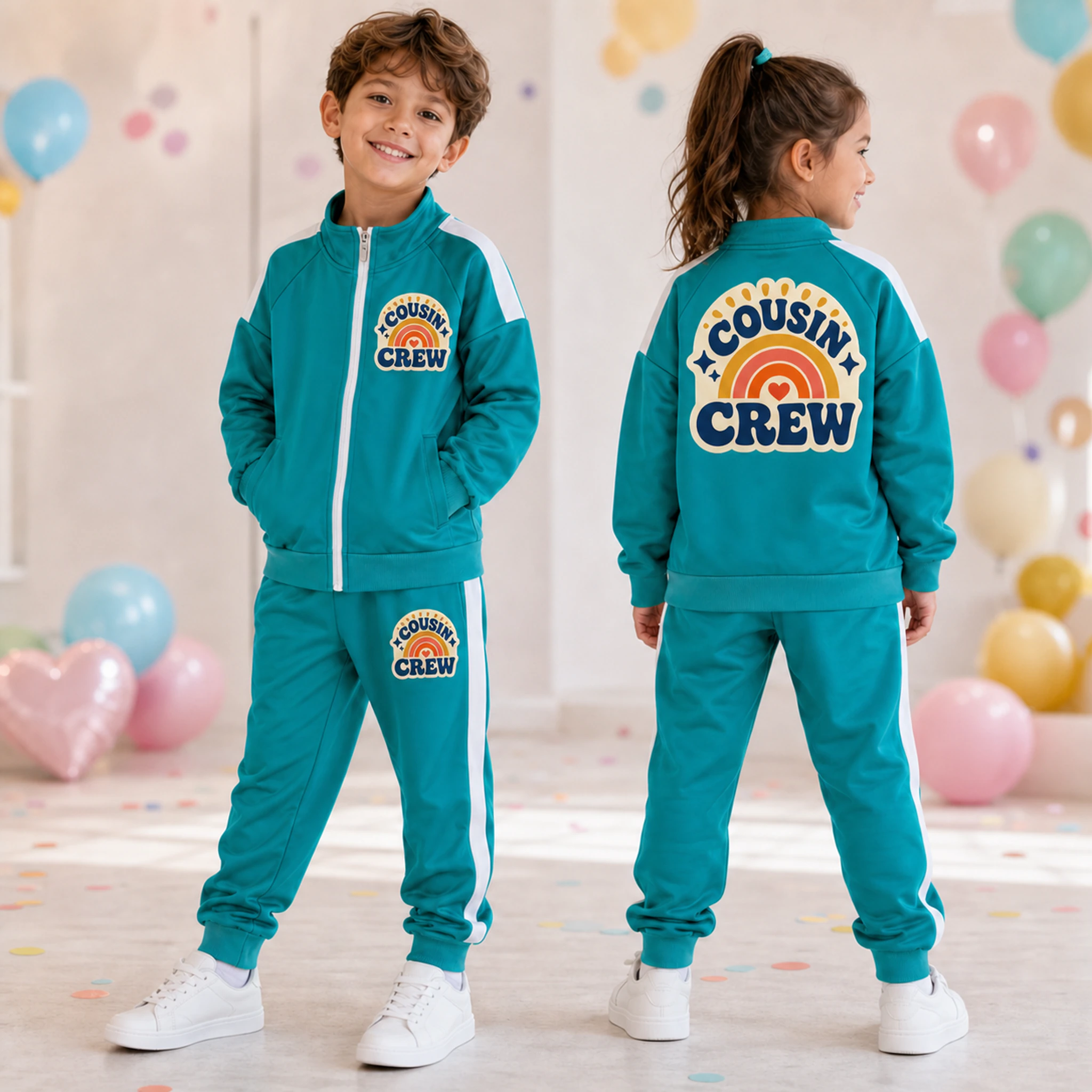 Cousin Crew Custom Kids Color-Block Jacket and Pants Set shown in a styled lifestyle setting