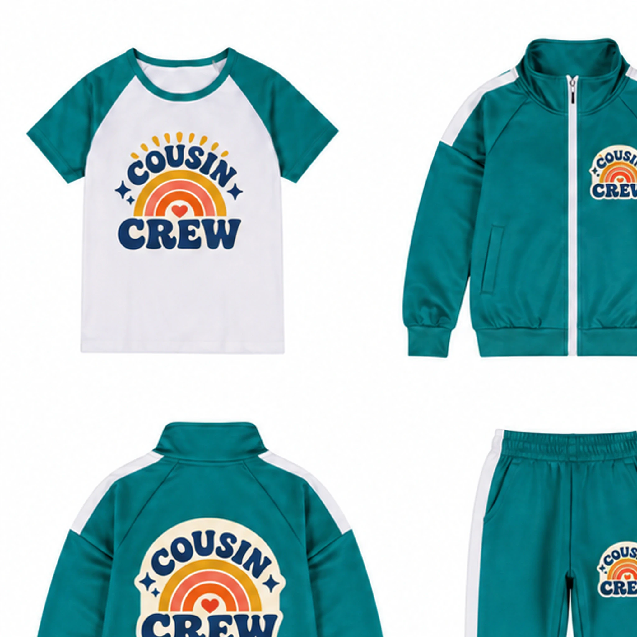 Three-Piece Jacket, Pants and T-Shirt Set Custom Kids Color-Block Three-Piece Tracksuit Set with the Cousin Crew design