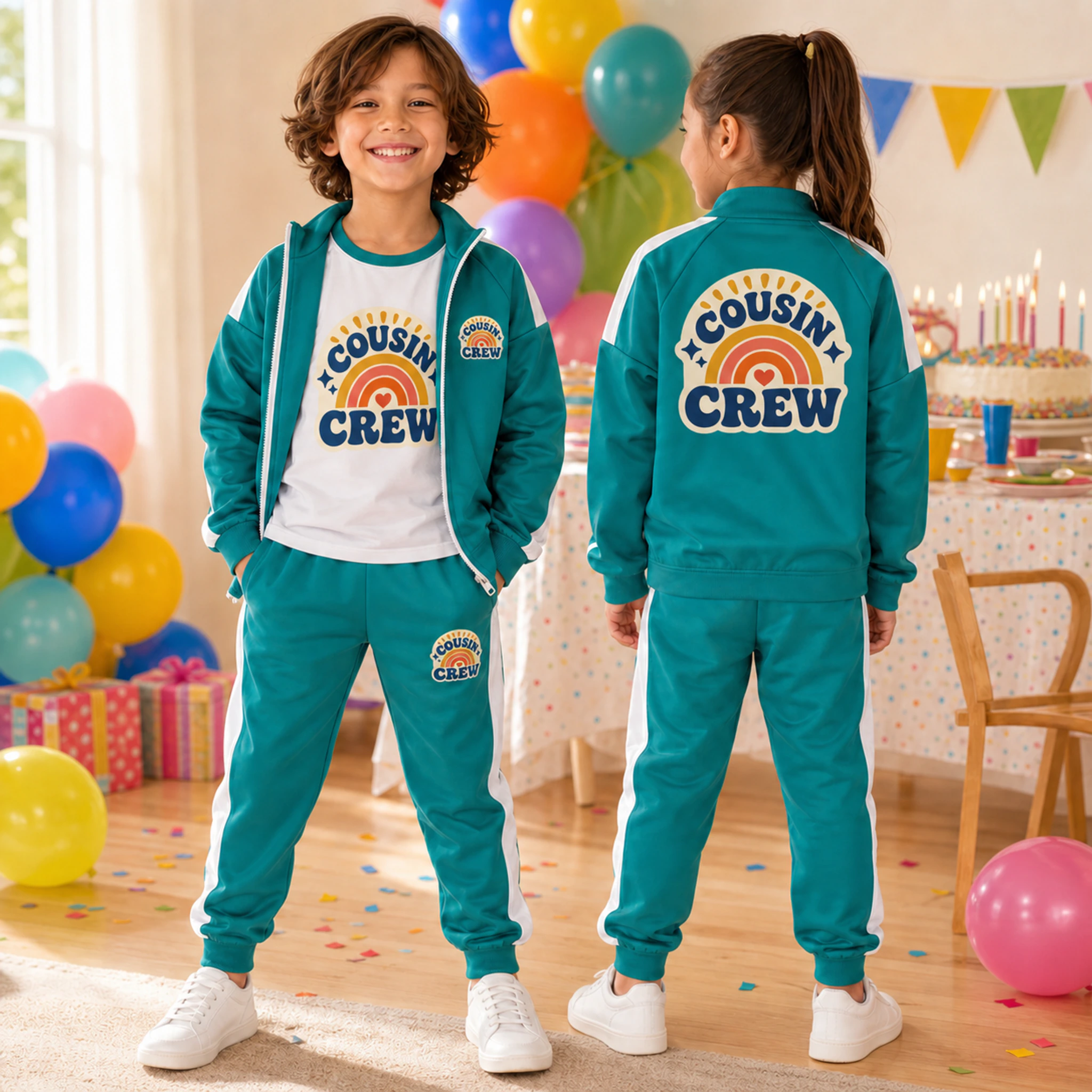 Cousin Crew Custom Kids Color-Block Three-Piece Tracksuit Set shown in a styled lifestyle setting