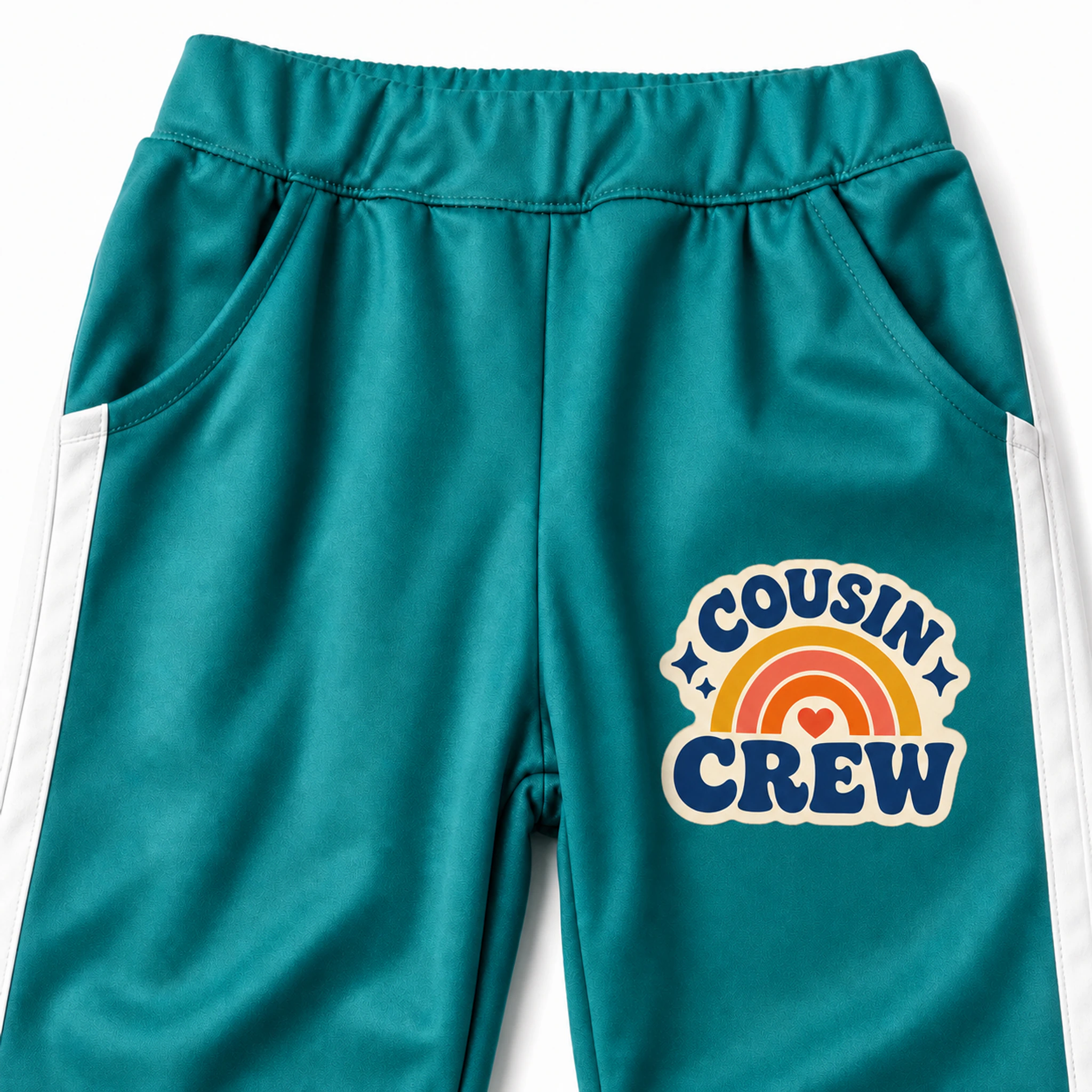 Cousin Crew Custom Kids Color-Block Tracksuit Pants print, fabric, and construction details