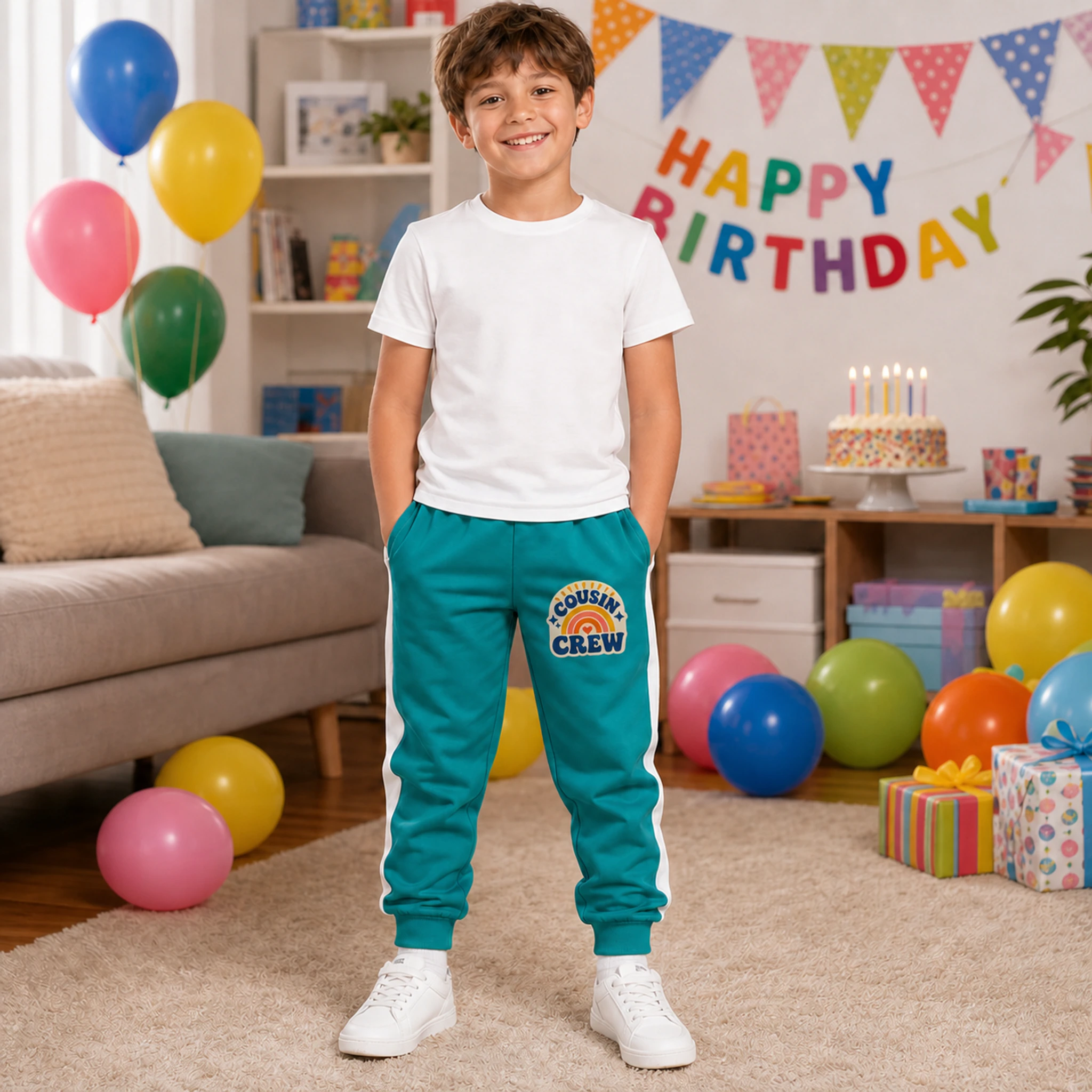 Cousin Crew Custom Kids Color-Block Tracksuit Pants shown in a styled lifestyle setting