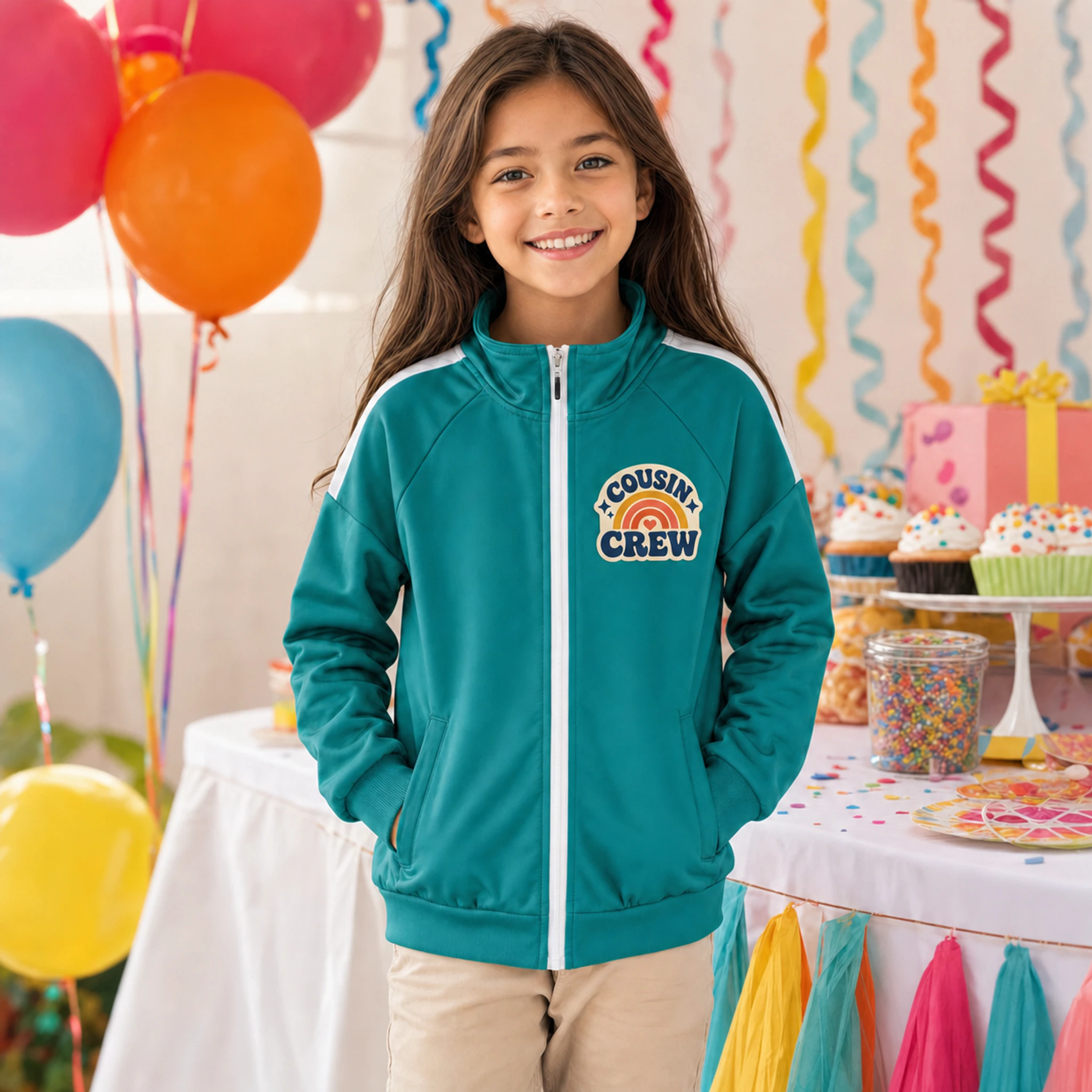 Cousin Crew Custom Kids Color-Block Zip Jacket shown in a styled lifestyle setting