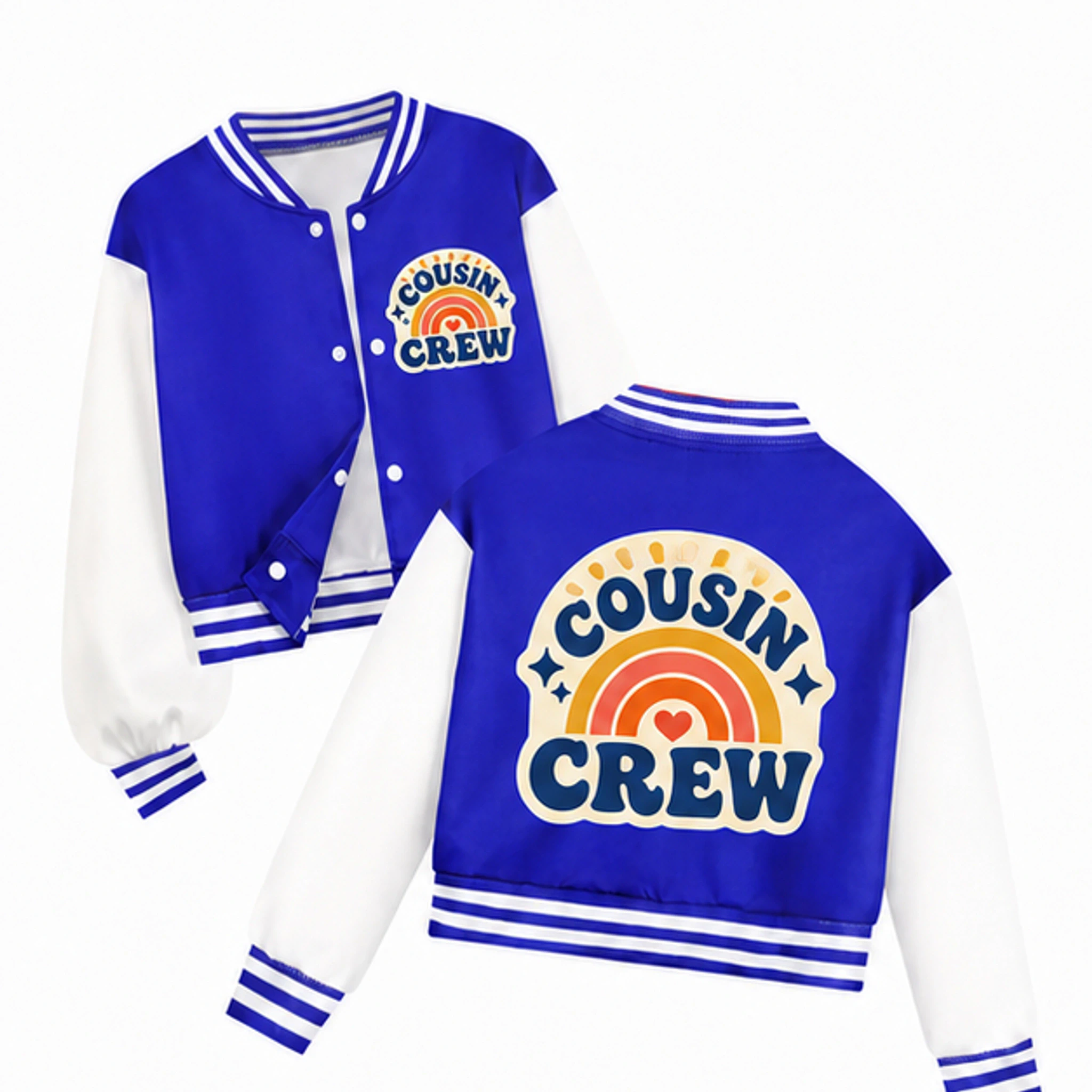 Blue Custom Kids Cropped Baseball Jacket with the Cousin Crew design