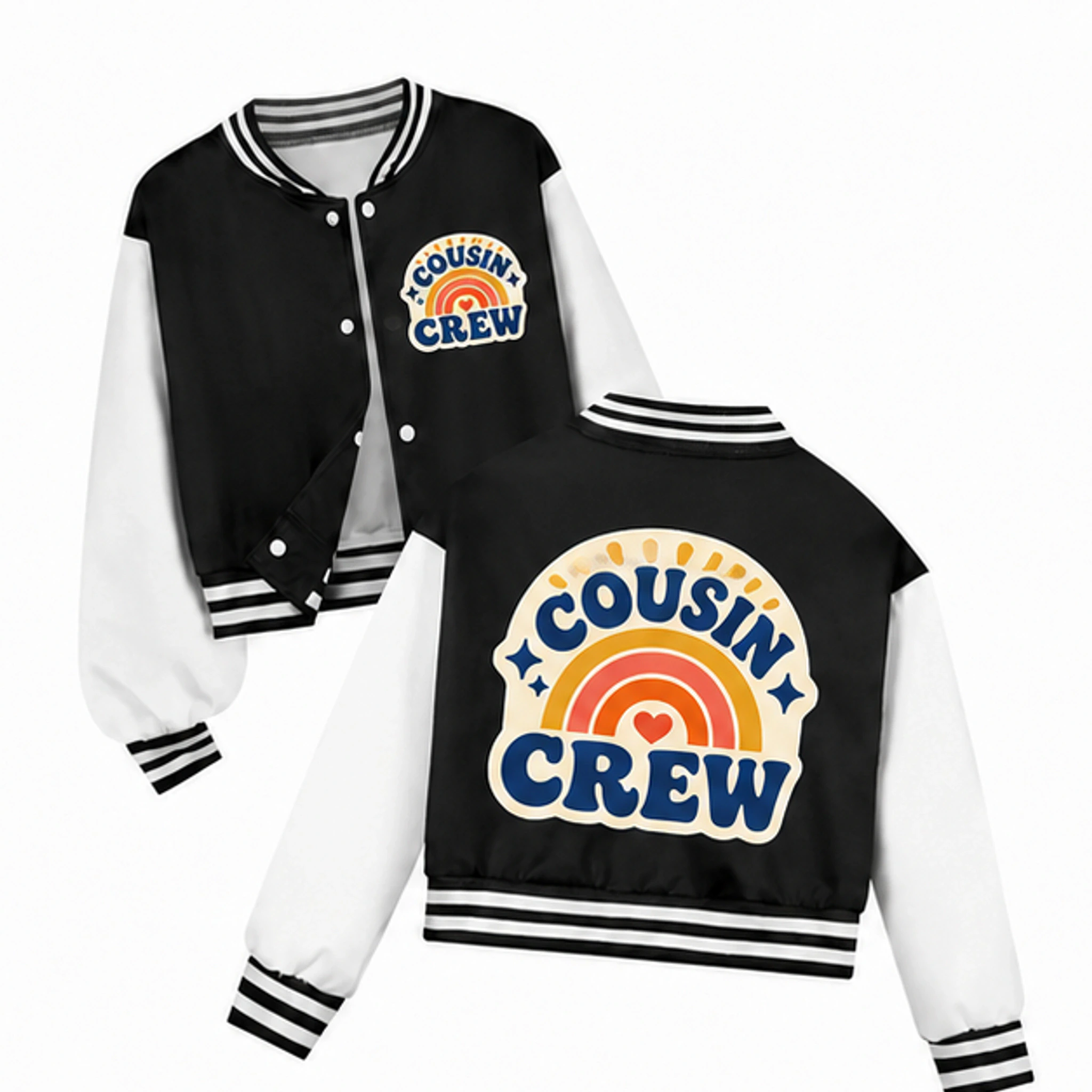 Black Custom Kids Cropped Baseball Jacket with the Cousin Crew design