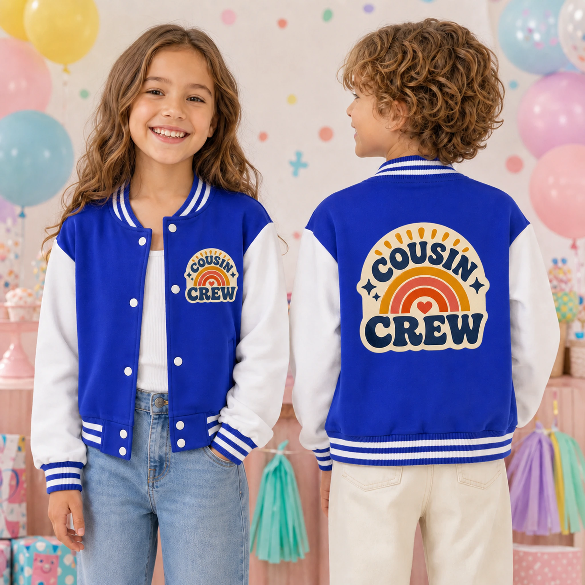 Cousin Crew Custom Kids Cropped Baseball Jacket shown in a styled lifestyle setting