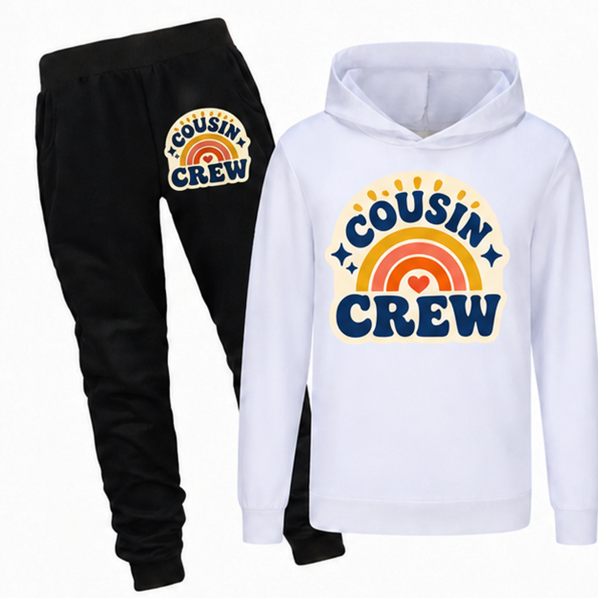White Custom Kids Hoodie and Jogger Set with the Cousin Crew design