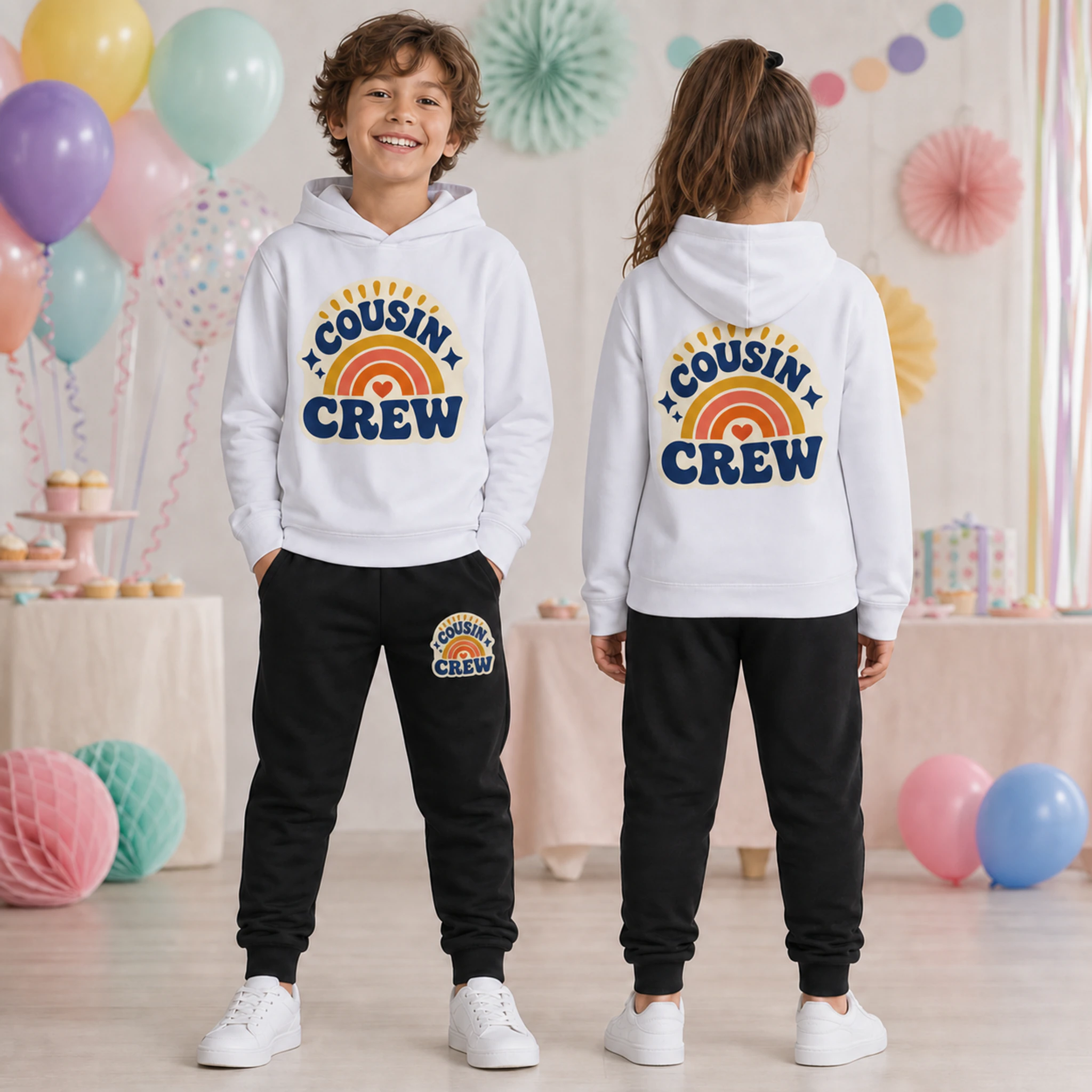 Cousin Crew Custom Kids Hoodie and Jogger Set shown in a styled lifestyle setting