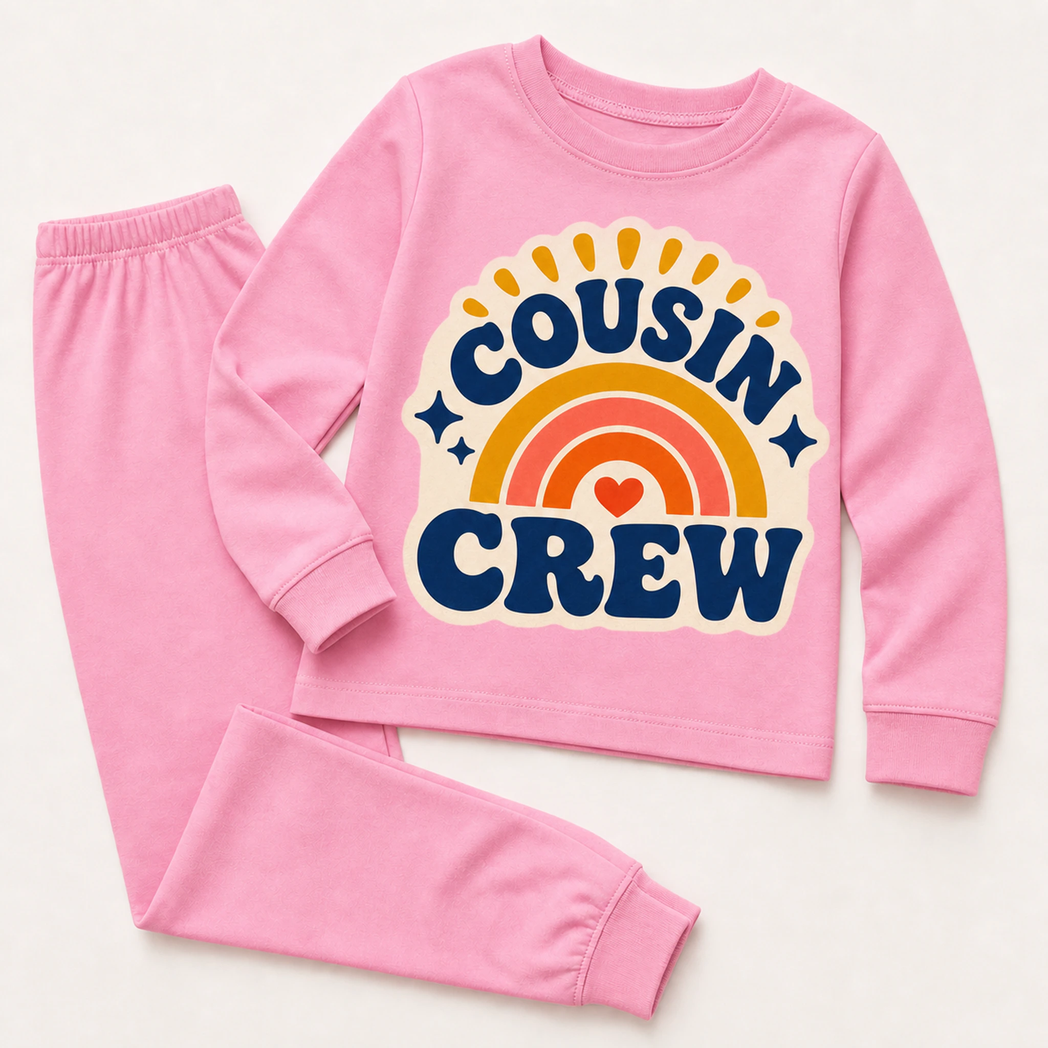 Cousin Crew Custom Kids Long Pajama Set print, fabric, and construction details