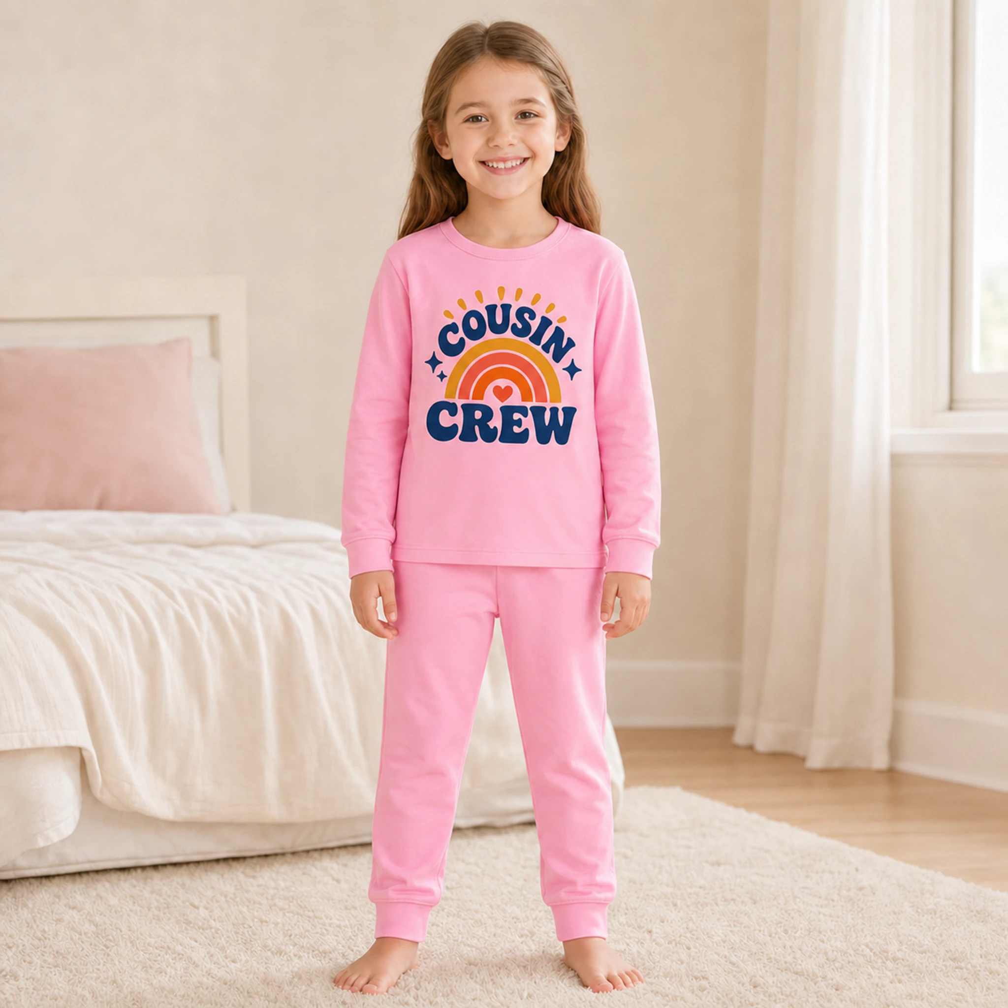 Cousin Crew Custom Kids Long Pajama Set shown in a styled lifestyle setting