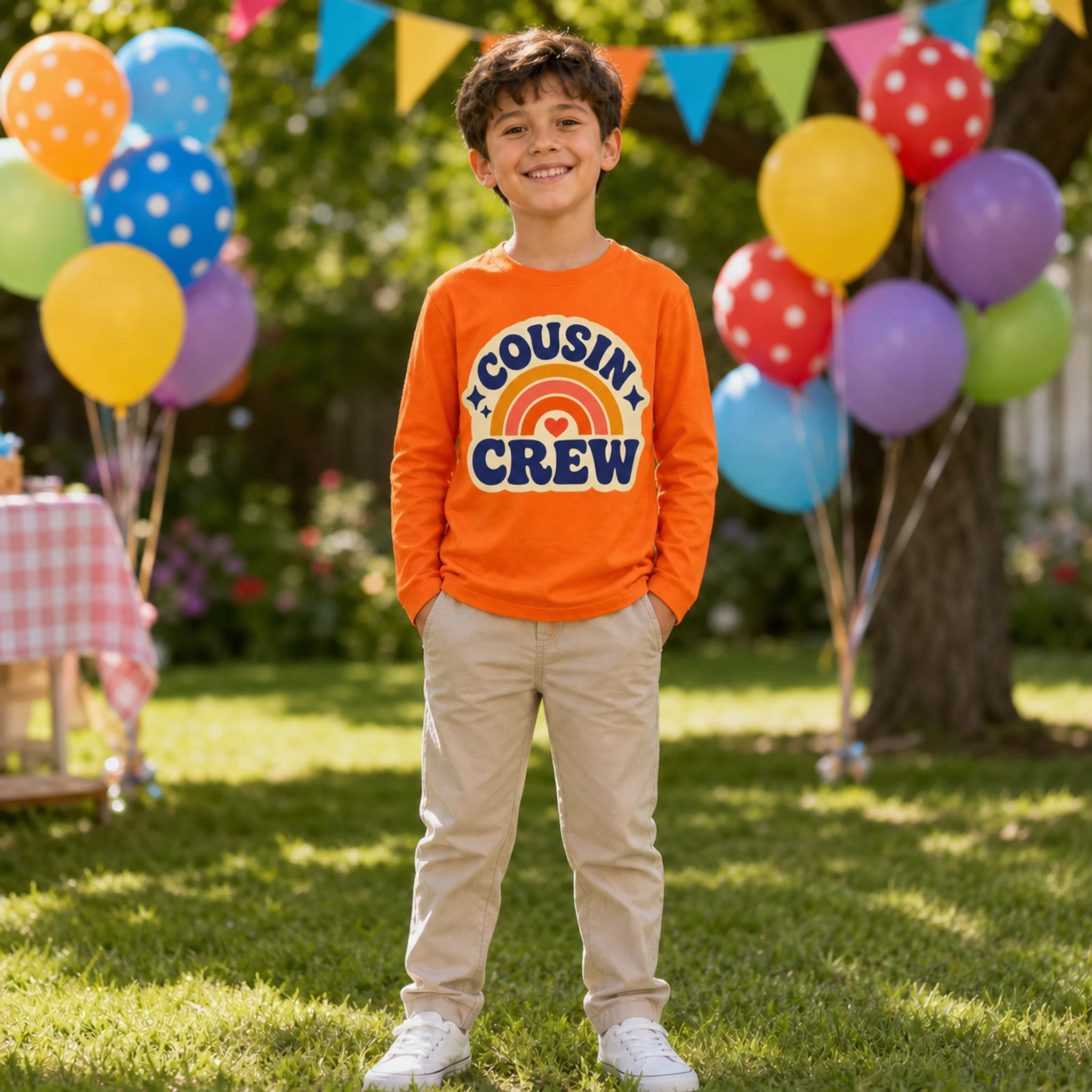 Cousin Crew Custom Kids Long-Sleeve T-Shirt shown in a styled lifestyle setting