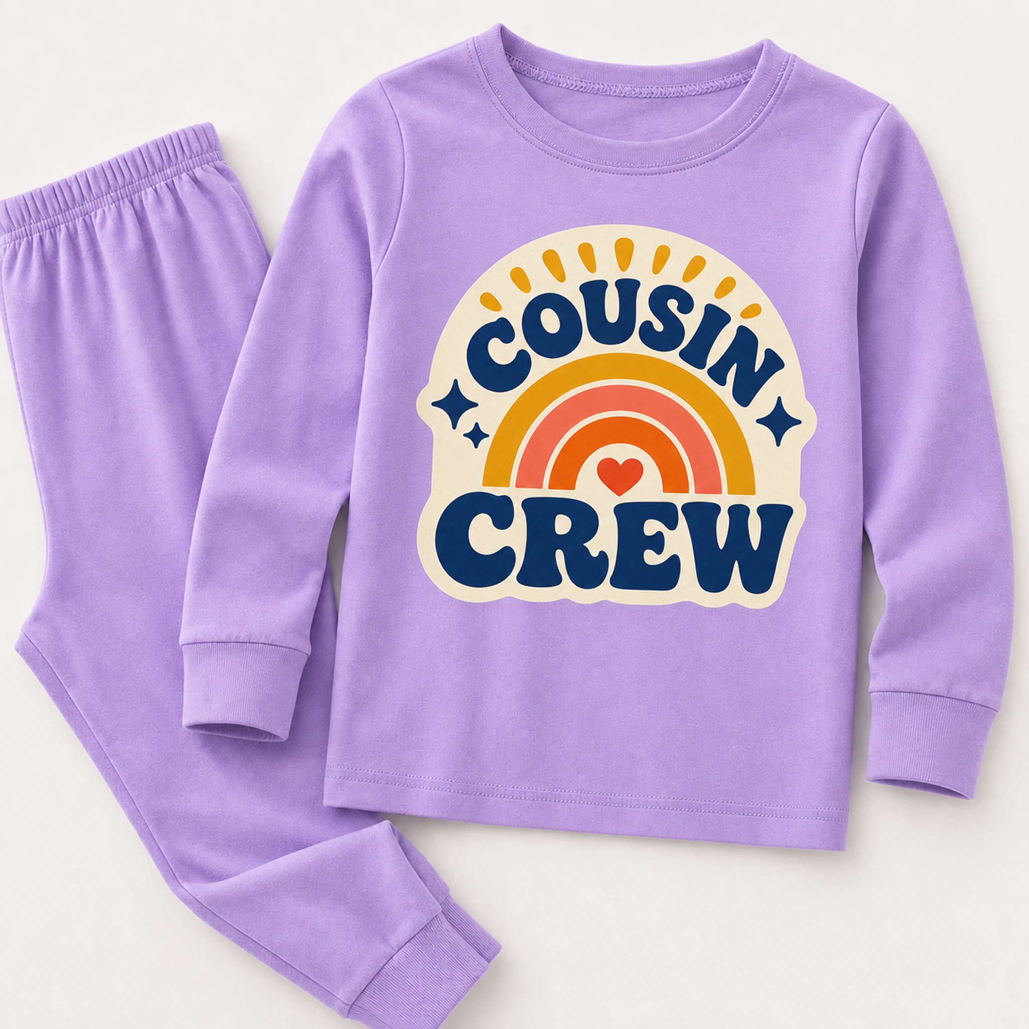 Cousin Crew Custom Kids Long-Sleeve Top and Pants Set print, fabric, and construction details