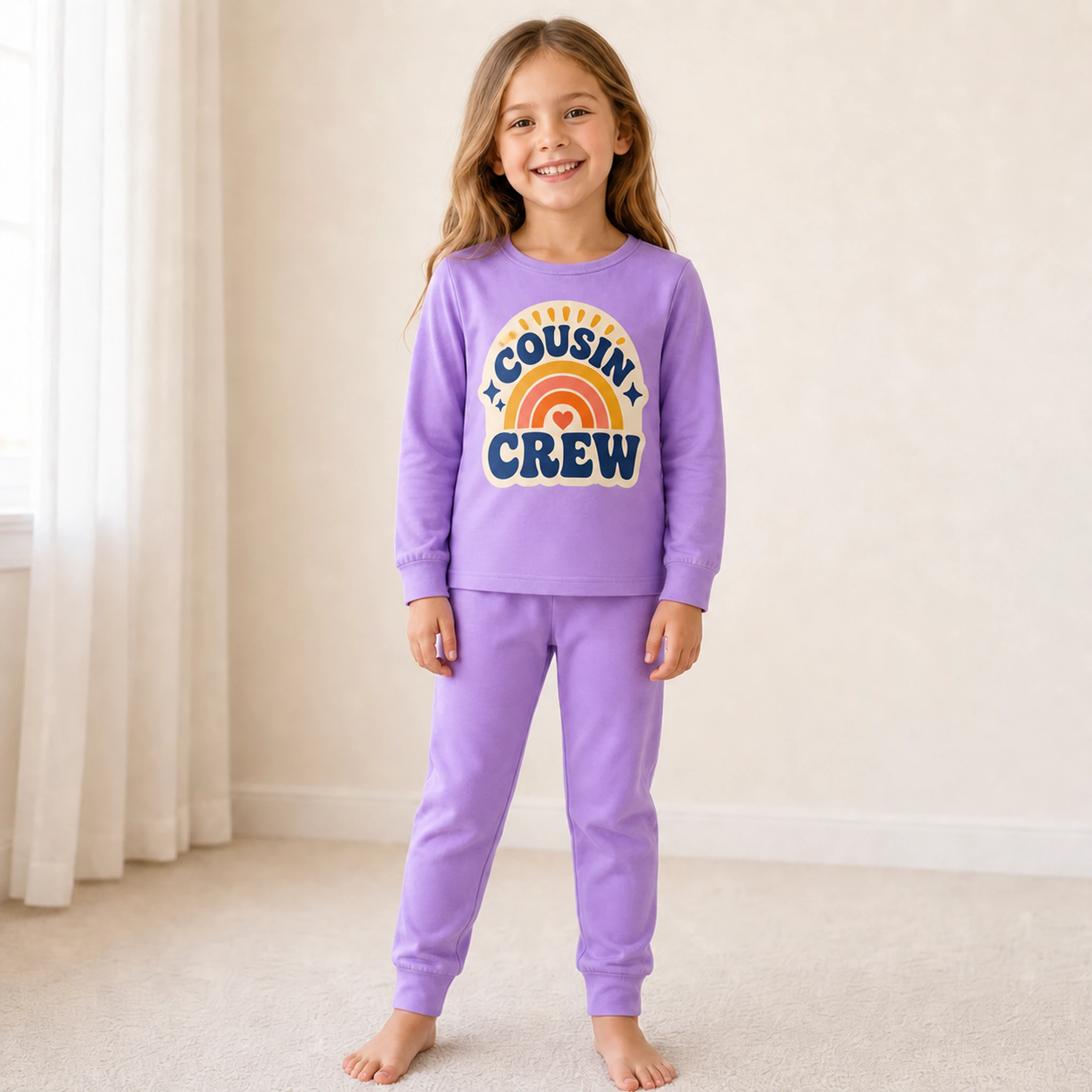 Cousin Crew Custom Kids Long-Sleeve Top and Pants Set shown in a styled lifestyle setting