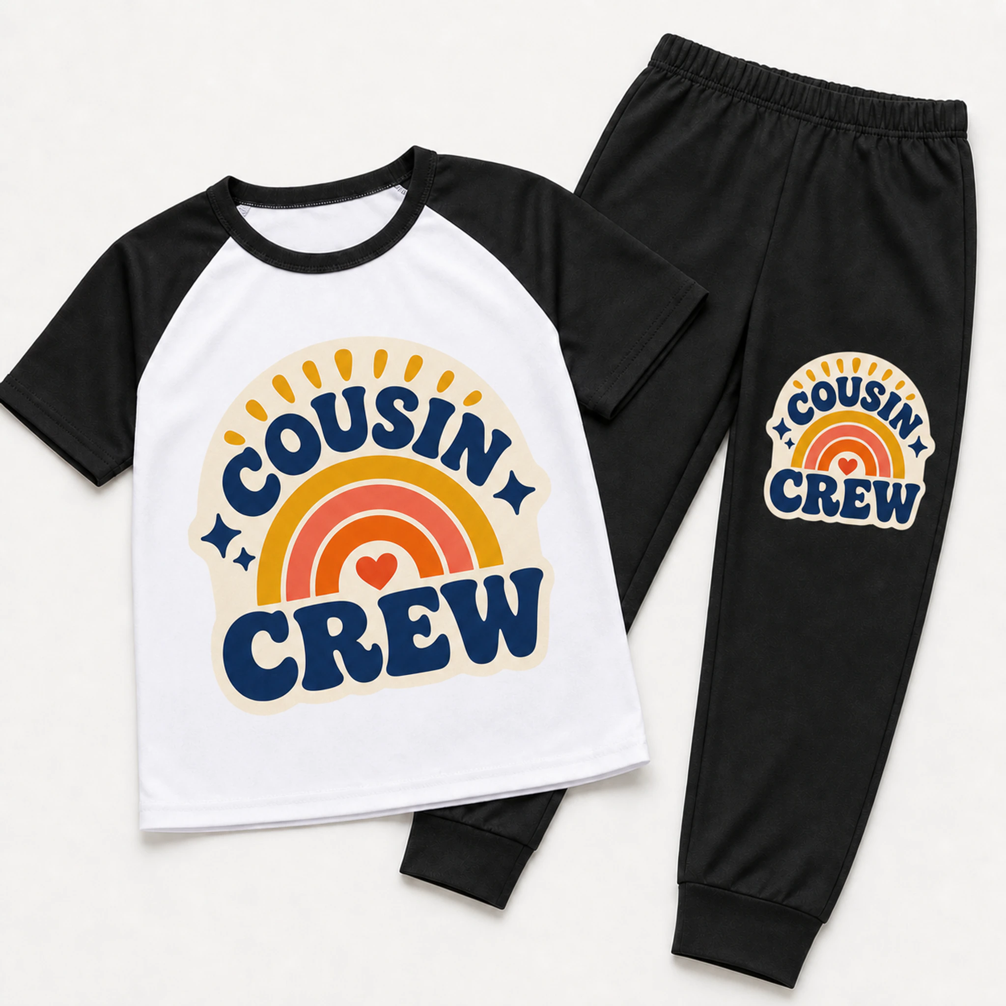Cousin Crew Custom Kids Short-Sleeve Top and Long Pants Sports Set print, fabric, and construction details