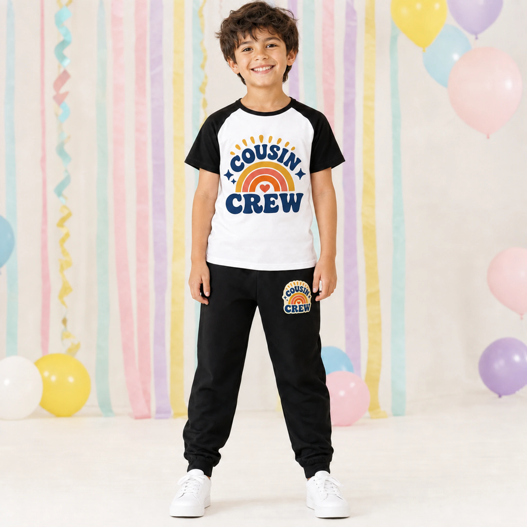 Cousin Crew Custom Kids Short-Sleeve Top and Long Pants Sports Set shown in a styled lifestyle setting