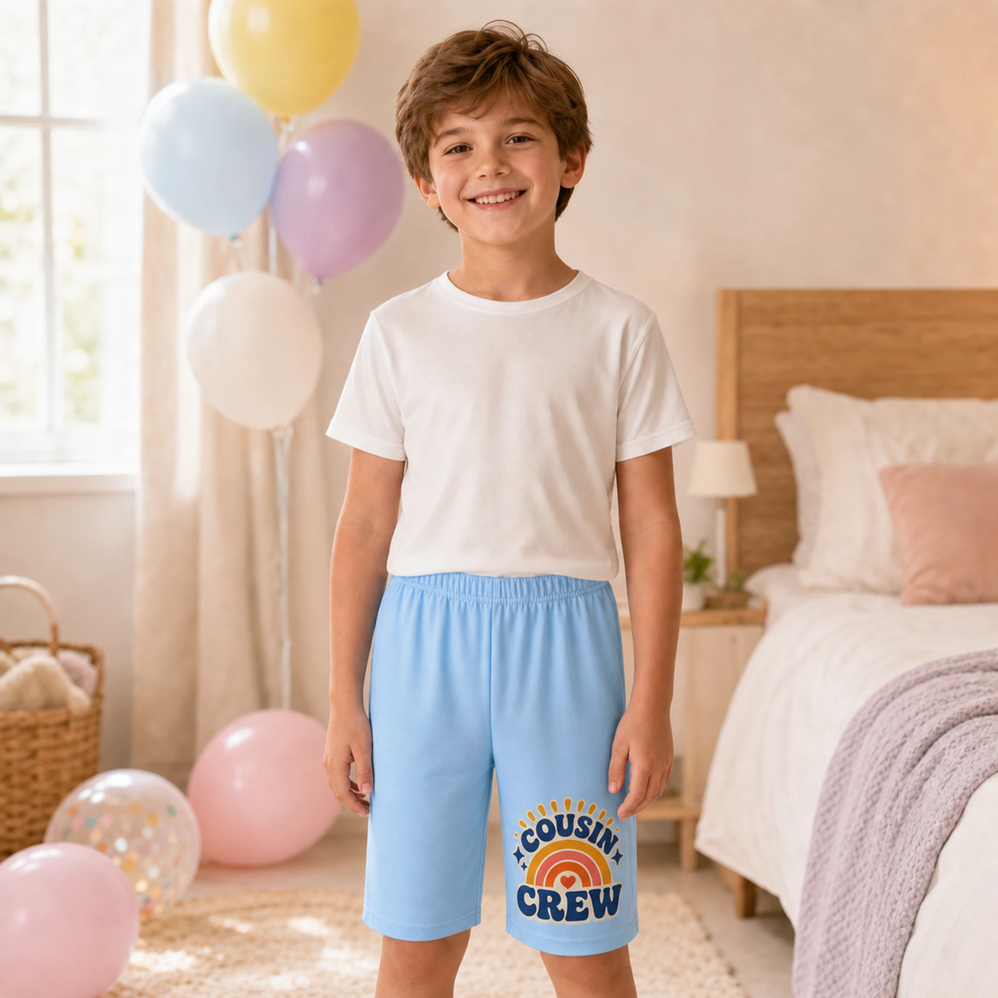 Cousin Crew Custom Kids Milk-Silk Pajama Shorts shown in a styled lifestyle setting