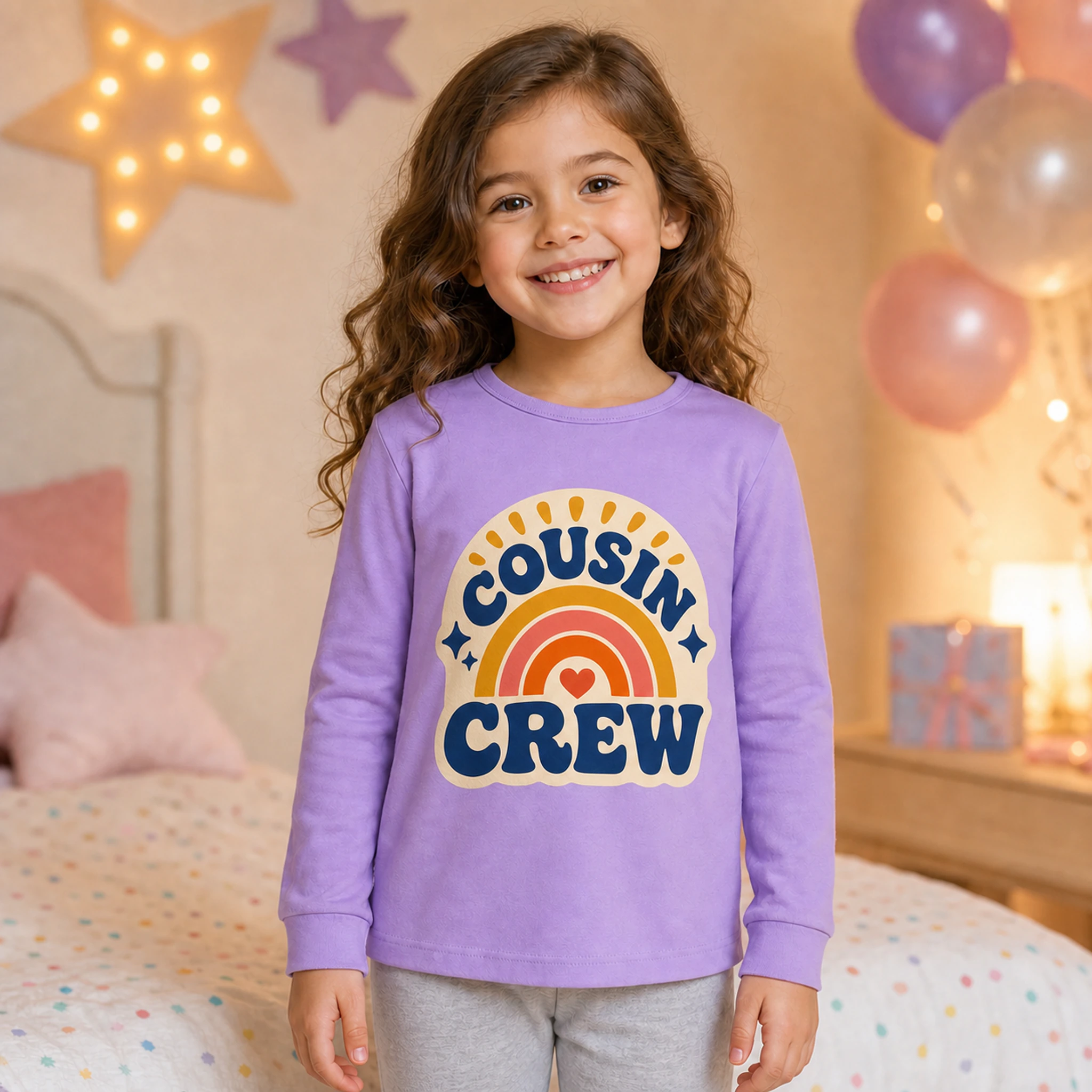 Cousin Crew Custom Kids Long-Sleeve Pajama Top shown in a styled lifestyle setting