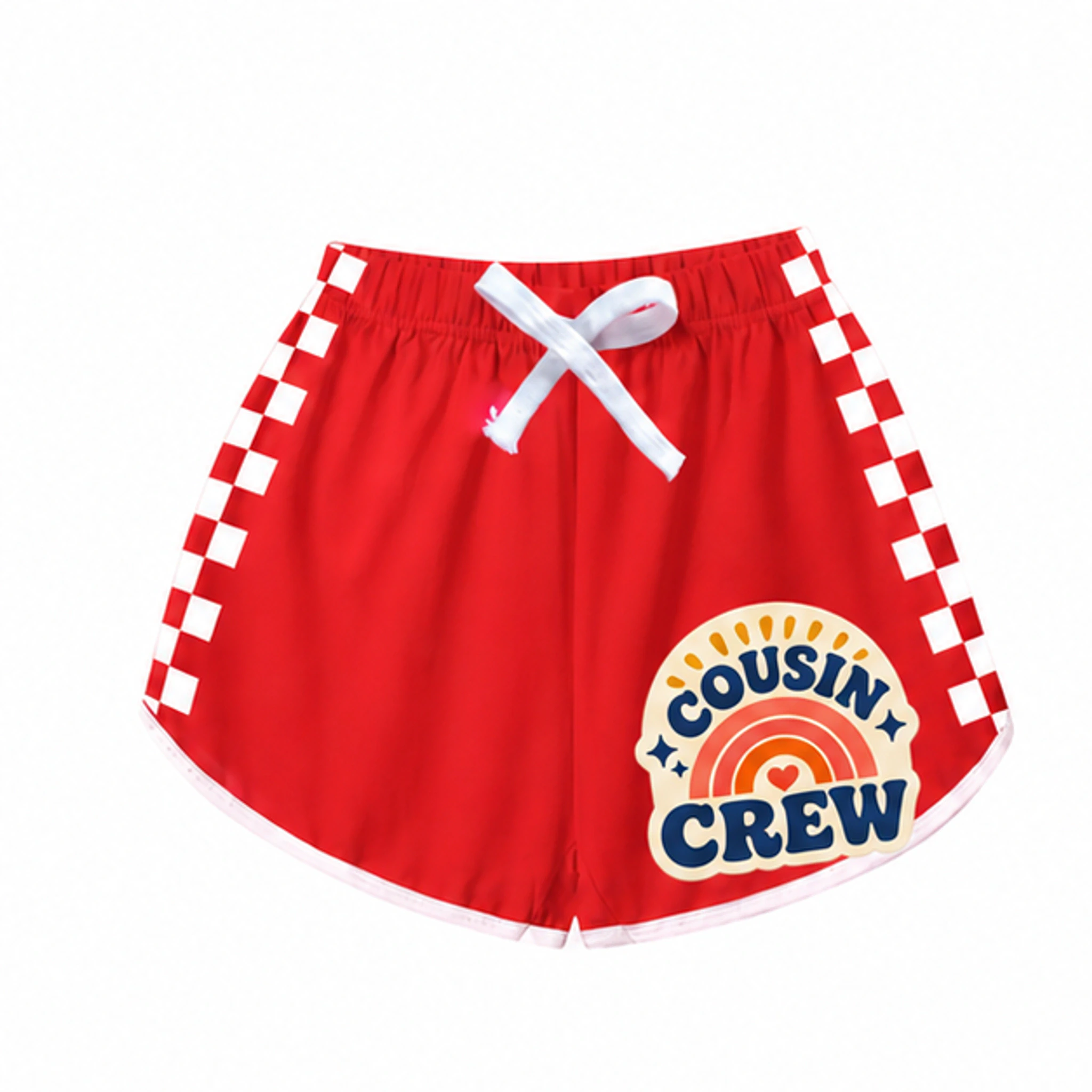 Red · Polka-Dot Style Custom Kids Checker-Stripe Pajama Shorts with the Cousin Crew design