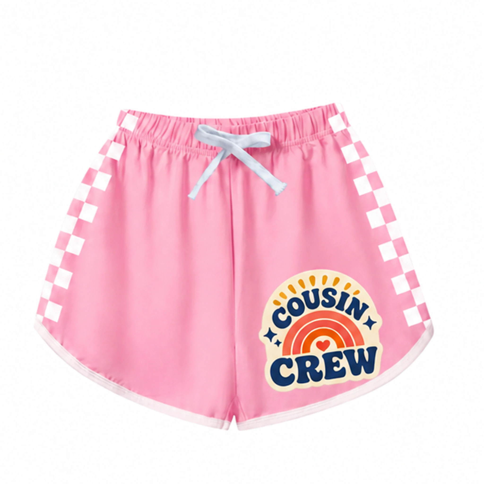 Pink · Polka-Dot Style Custom Kids Checker-Stripe Pajama Shorts with the Cousin Crew design