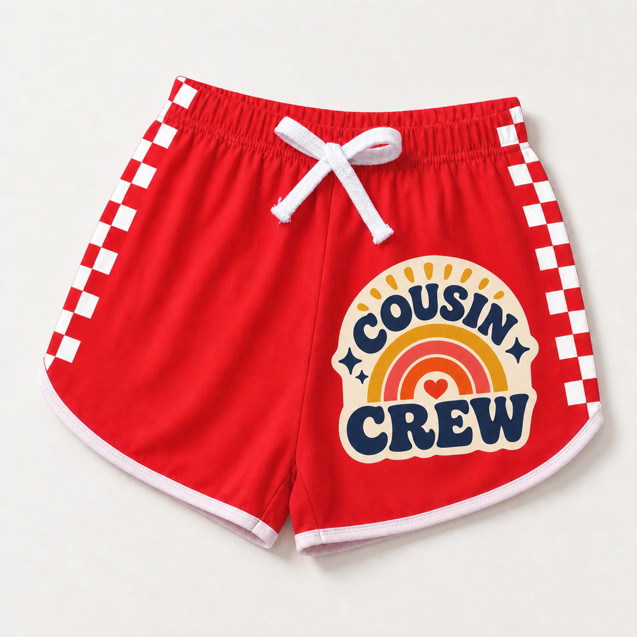 Cousin Crew Custom Kids Checker-Stripe Pajama Shorts print, fabric, and construction details
