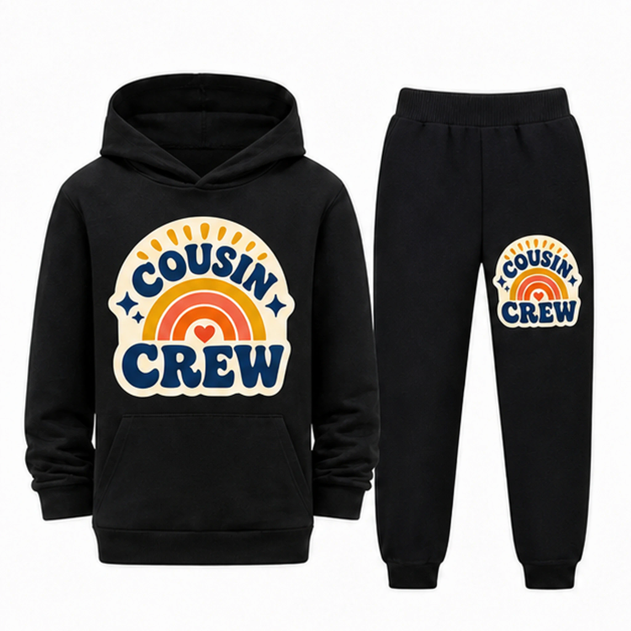 Black · Set Custom Kids Pullover Hoodie and Jogger Set with the Cousin Crew design