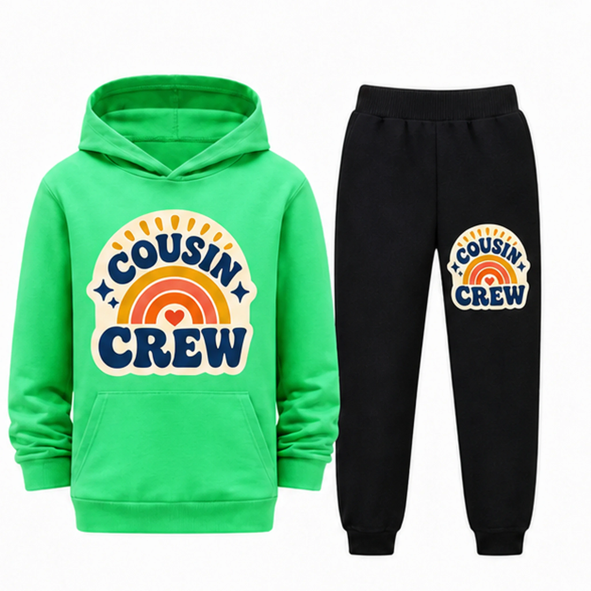 Green · Set Custom Kids Pullover Hoodie and Jogger Set with the Cousin Crew design