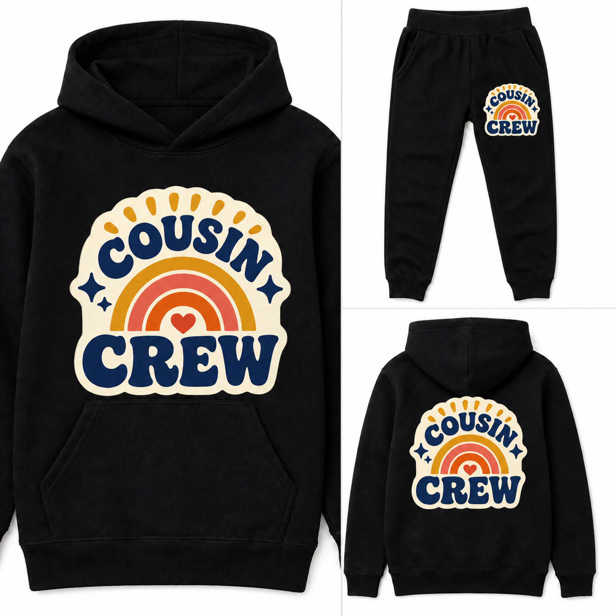 Cousin Crew Custom Kids Pullover Hoodie and Jogger Set print, fabric, and construction details