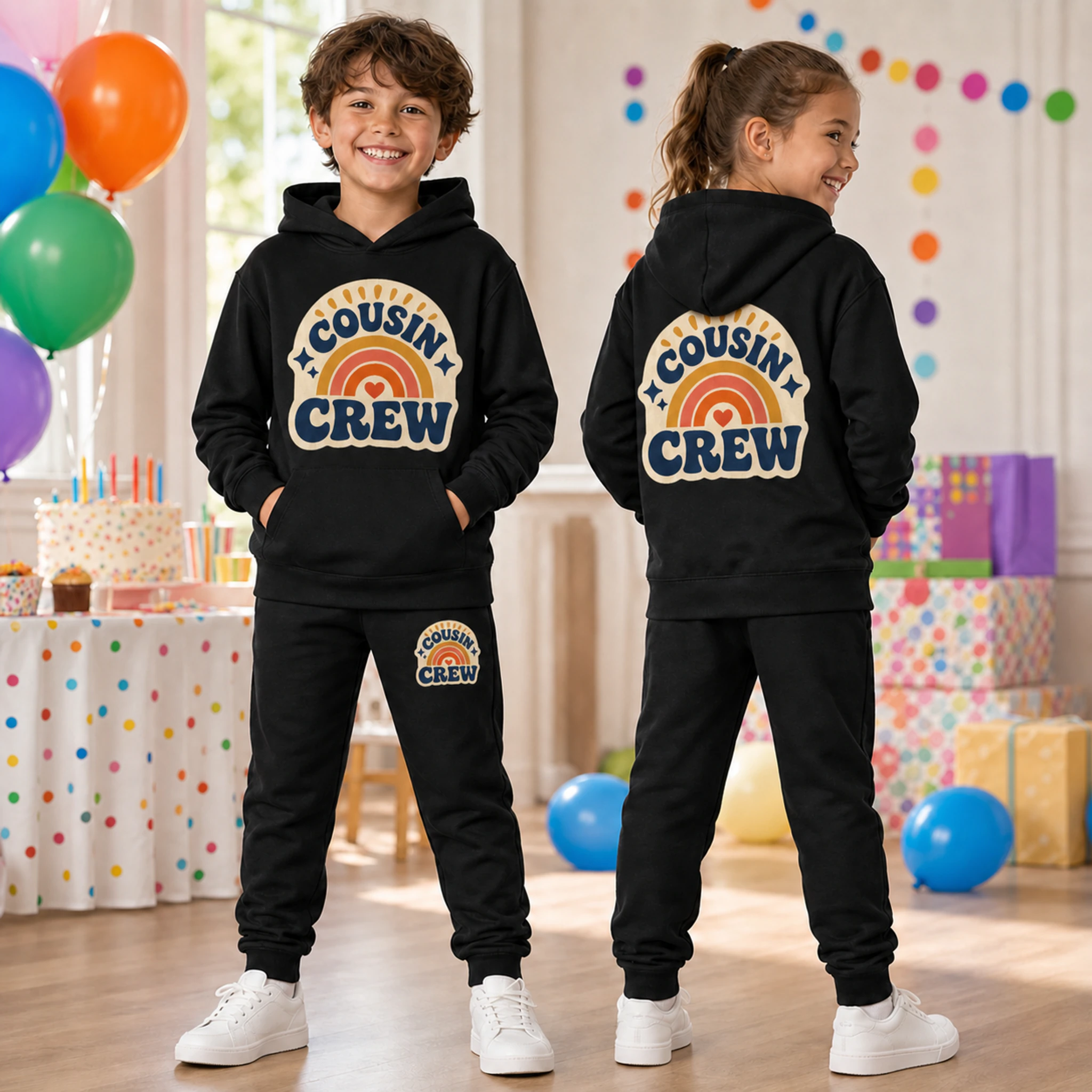 Cousin Crew Custom Kids Pullover Hoodie and Jogger Set shown in a styled lifestyle setting