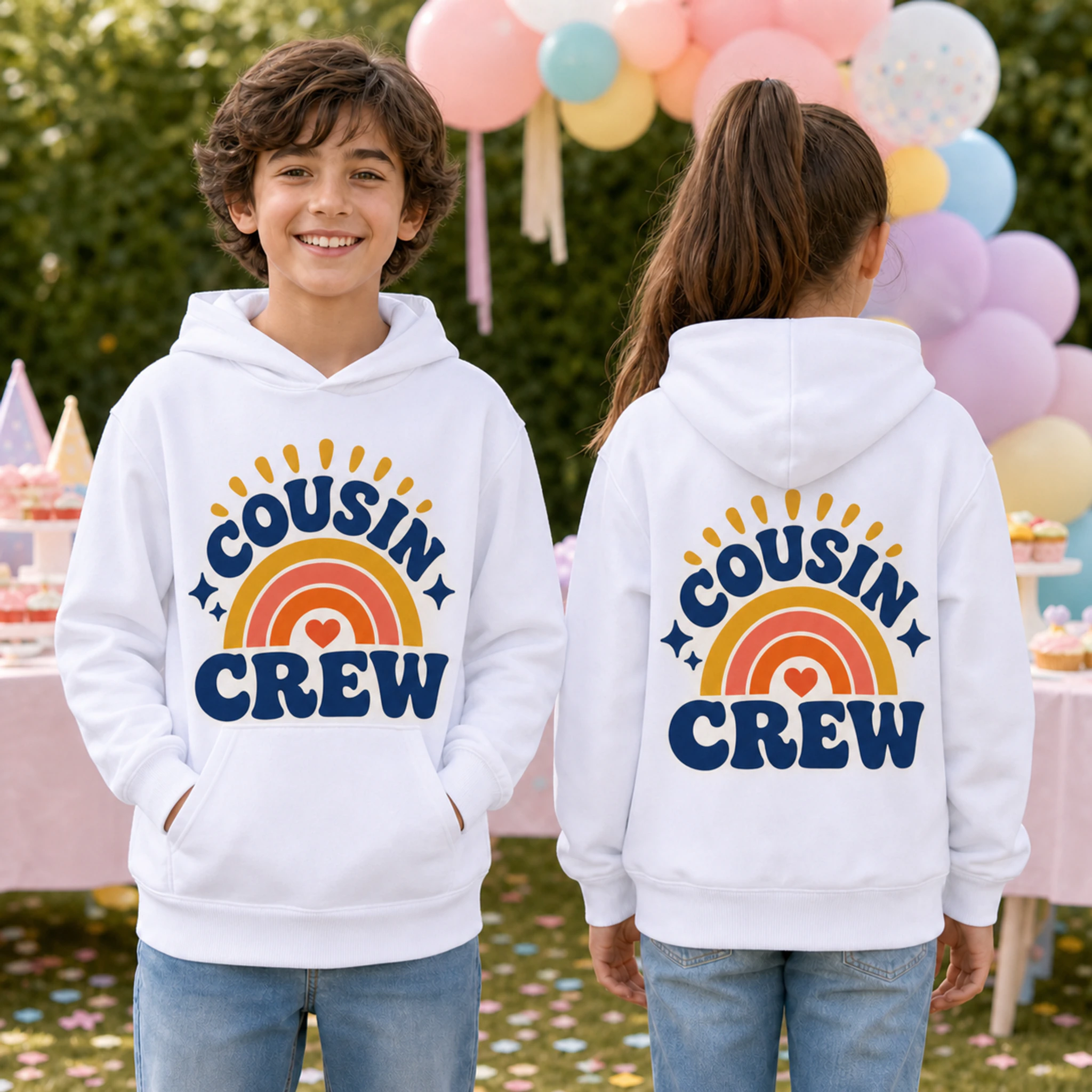 Cousin Crew Custom Kids Pullover Hoodie shown in a styled lifestyle setting