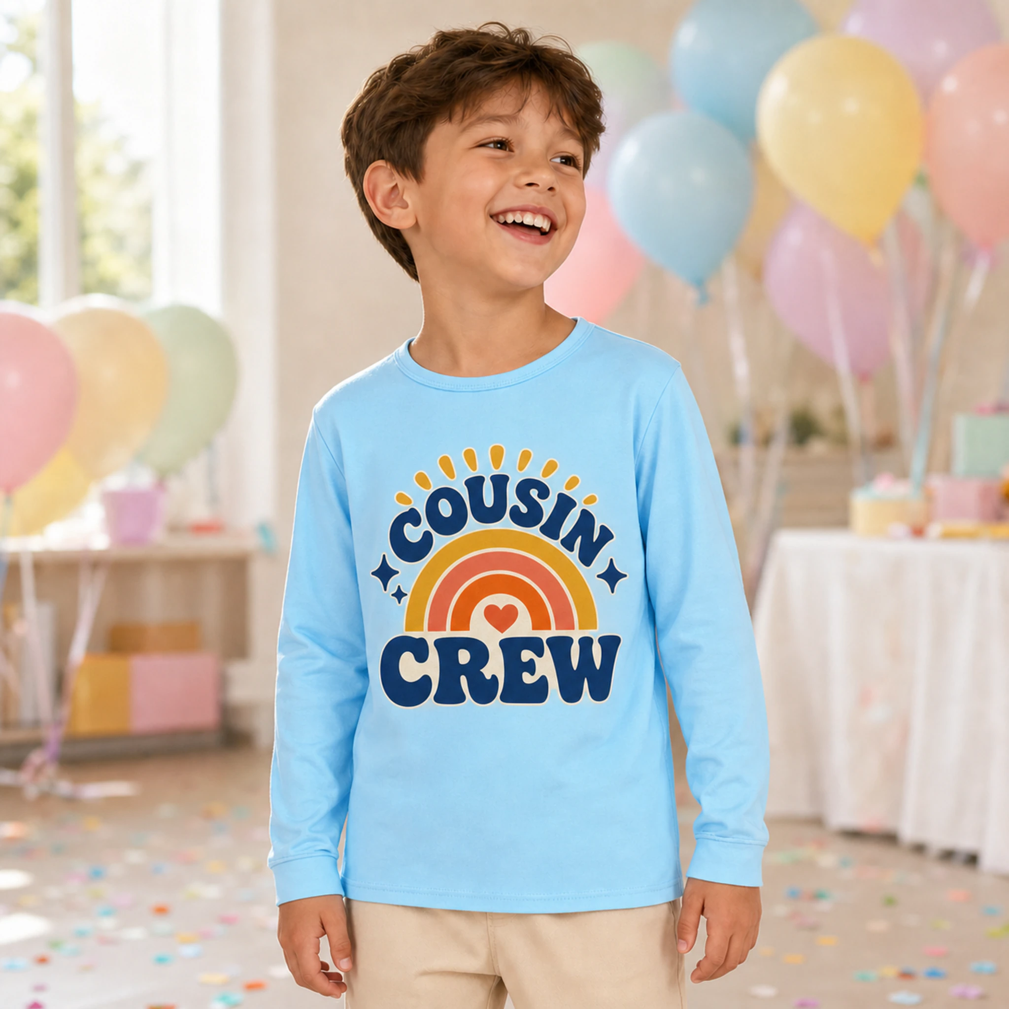 Cousin Crew Custom Kids Soft Long-Sleeve Top shown in a styled lifestyle setting