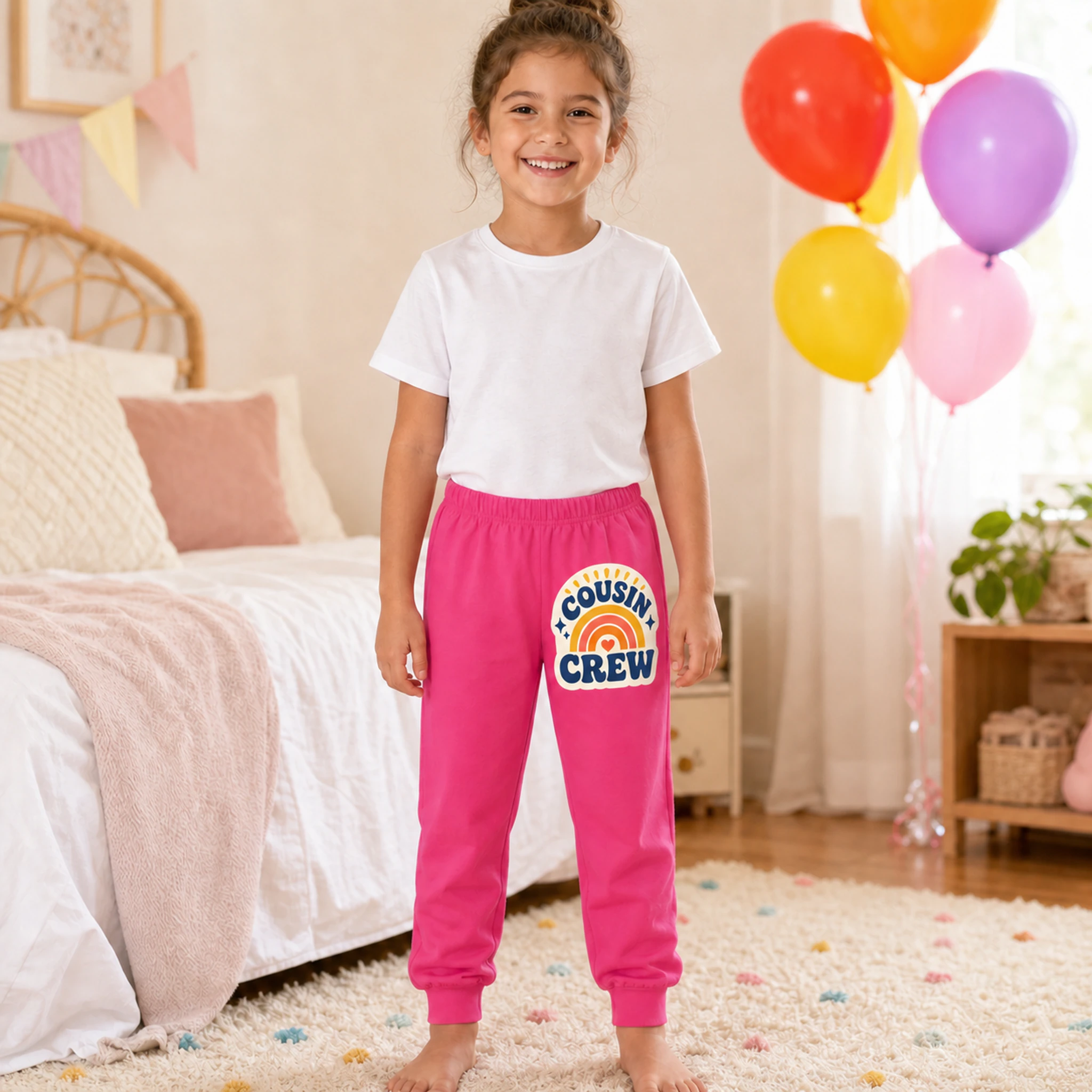 Cousin Crew Custom Kids Soft Pajama Pants shown in a styled lifestyle setting