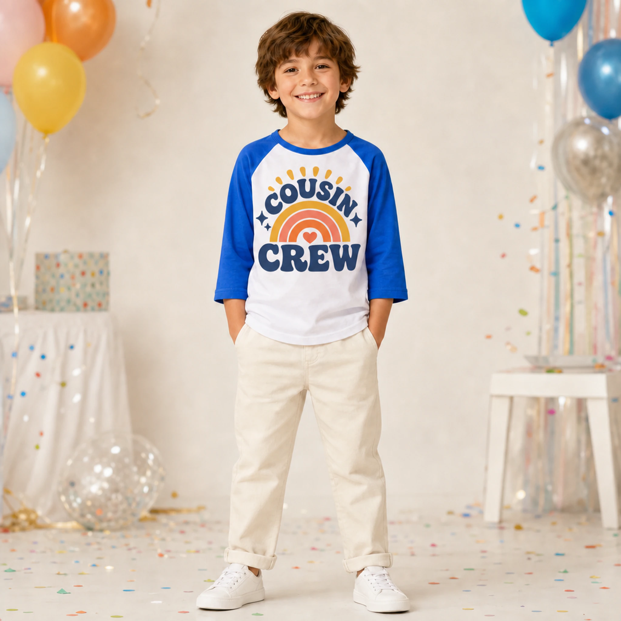 Cousin Crew Custom Kids Soft Three-Quarter-Sleeve Top — Alternate Style shown in a styled lifestyle setting