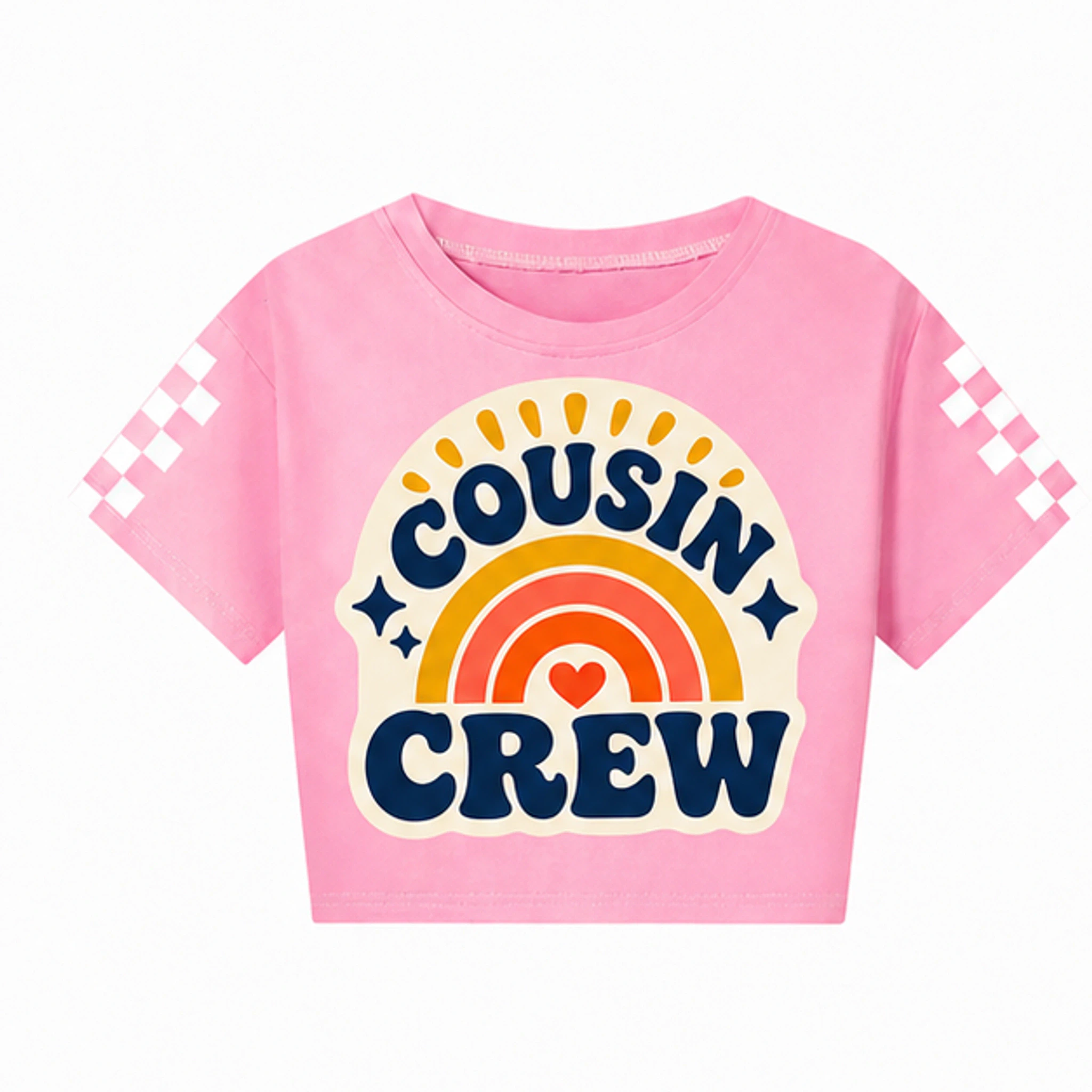 Pink Custom Kids Checker-Sleeve Cropped Short-Sleeve Top with the Cousin Crew design