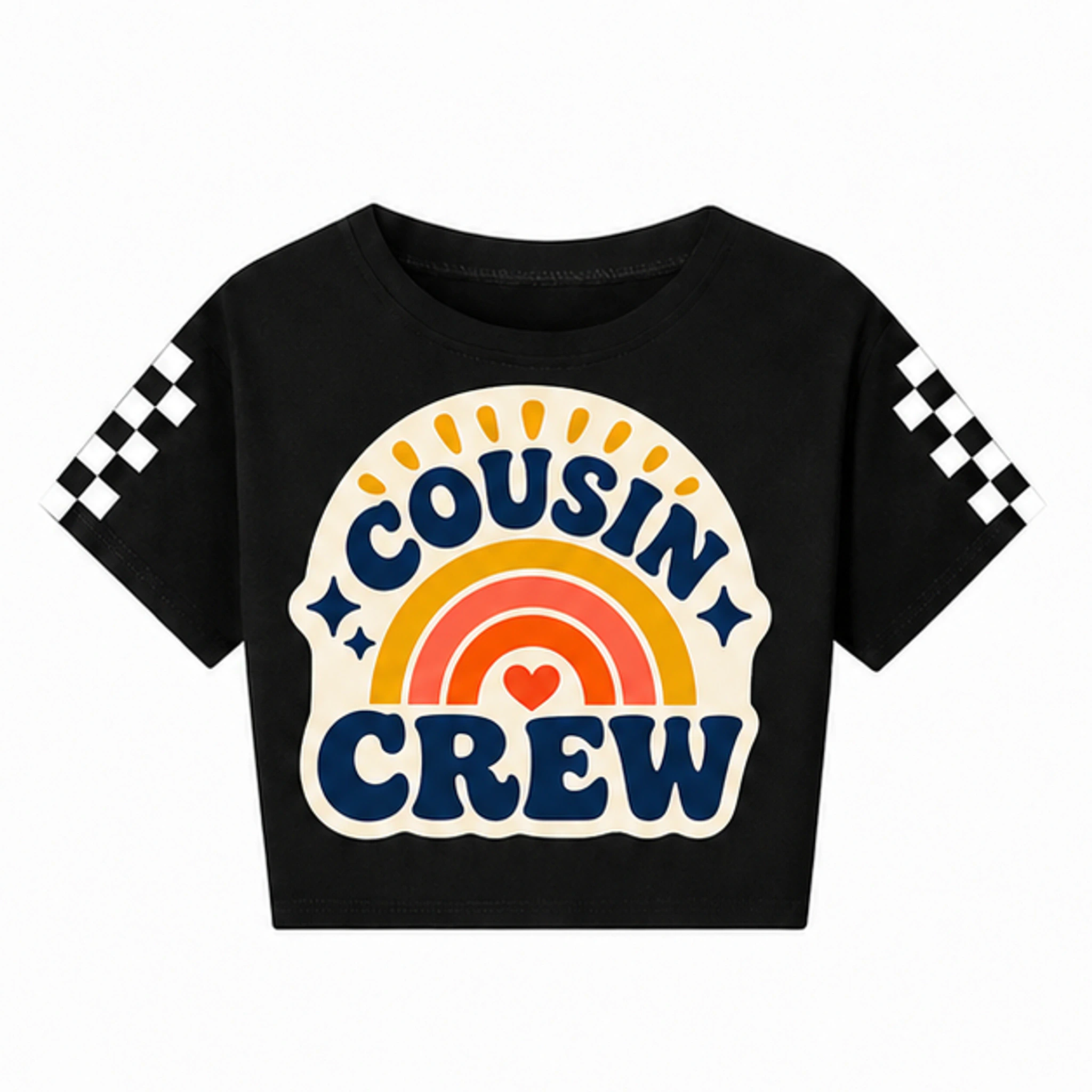 Black Custom Kids Checker-Sleeve Cropped Short-Sleeve Top with the Cousin Crew design