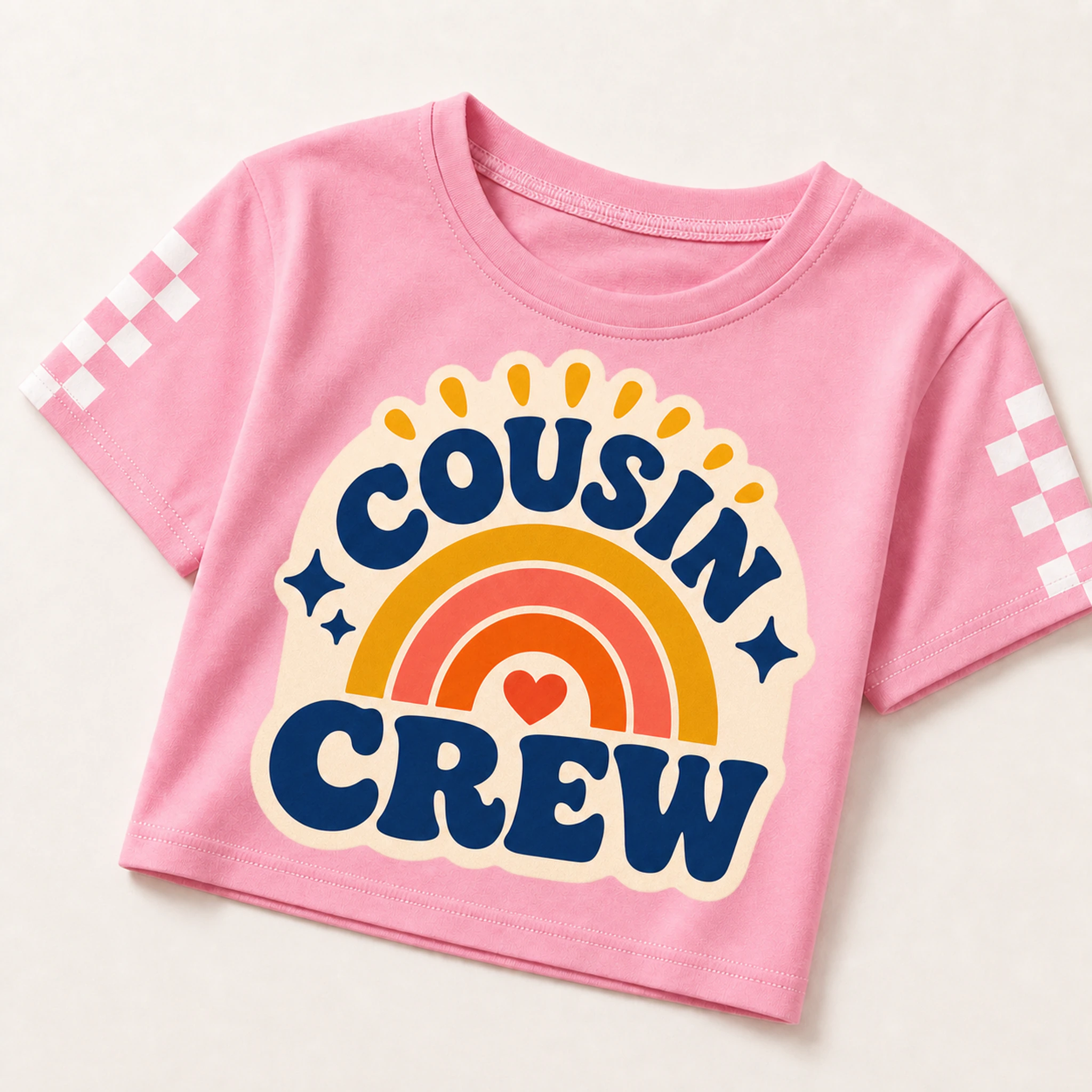 Cousin Crew Custom Kids Checker-Sleeve Cropped Short-Sleeve Top print, fabric, and construction details