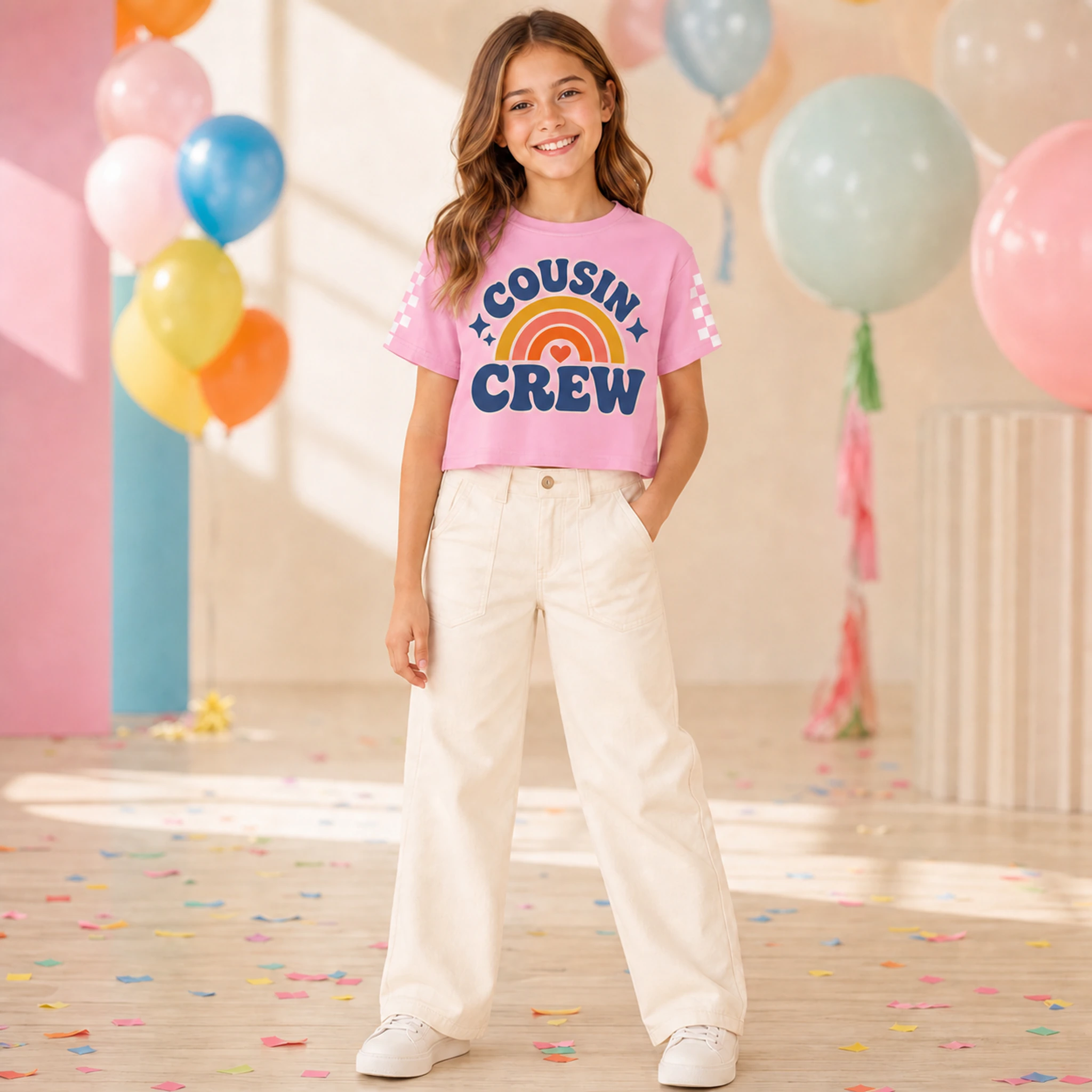 Cousin Crew Custom Kids Checker-Sleeve Cropped Short-Sleeve Top shown in a styled lifestyle setting