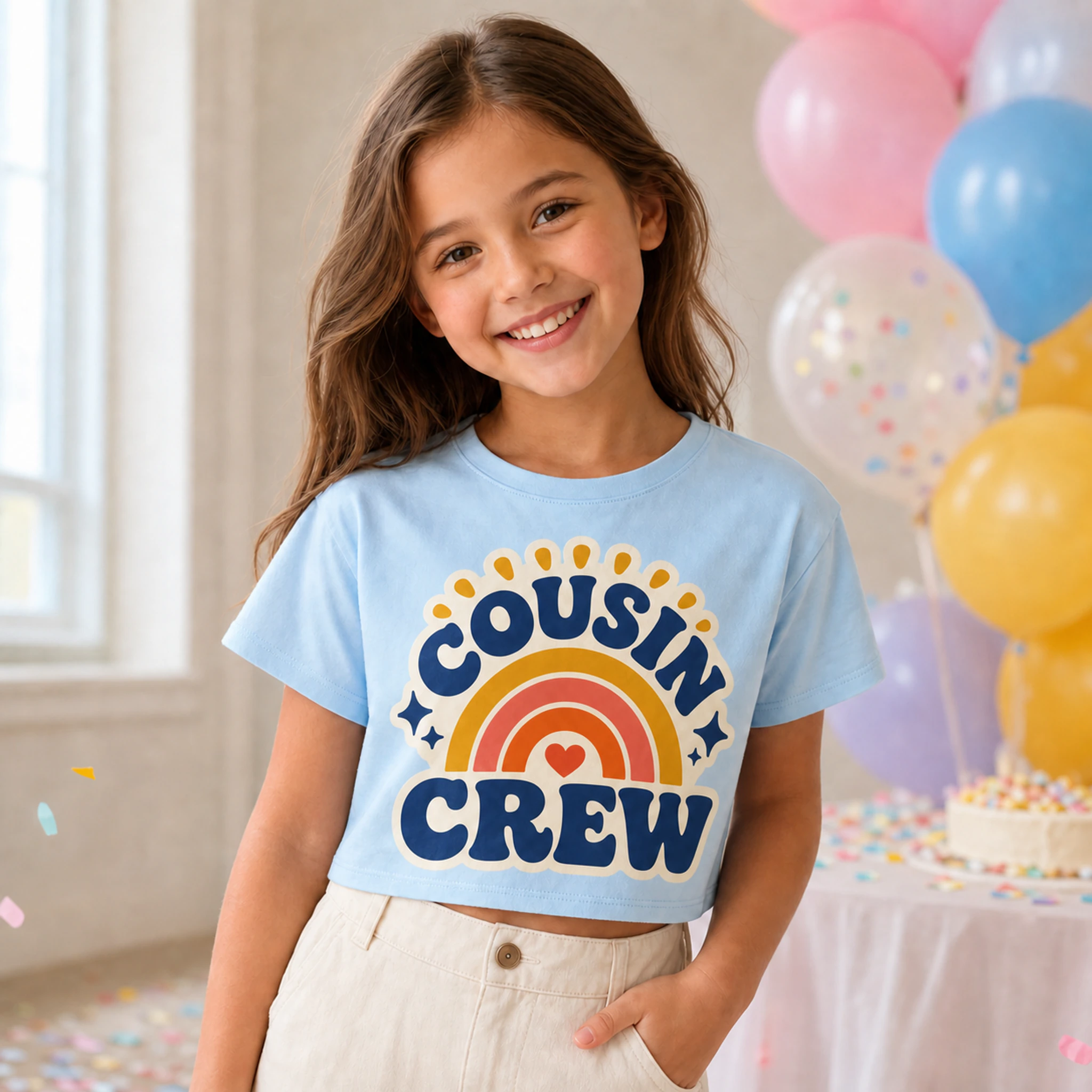 Cousin Crew Custom Kids Cropped Short-Sleeve Top shown in a styled lifestyle setting