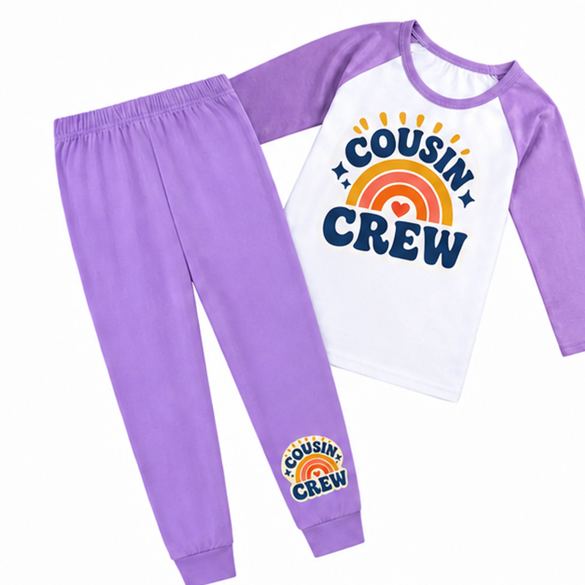 Purple · Short-Sleeve Style Custom Kids Three-Quarter-Sleeve Raglan Top & Pants Set with the Cousin Crew design