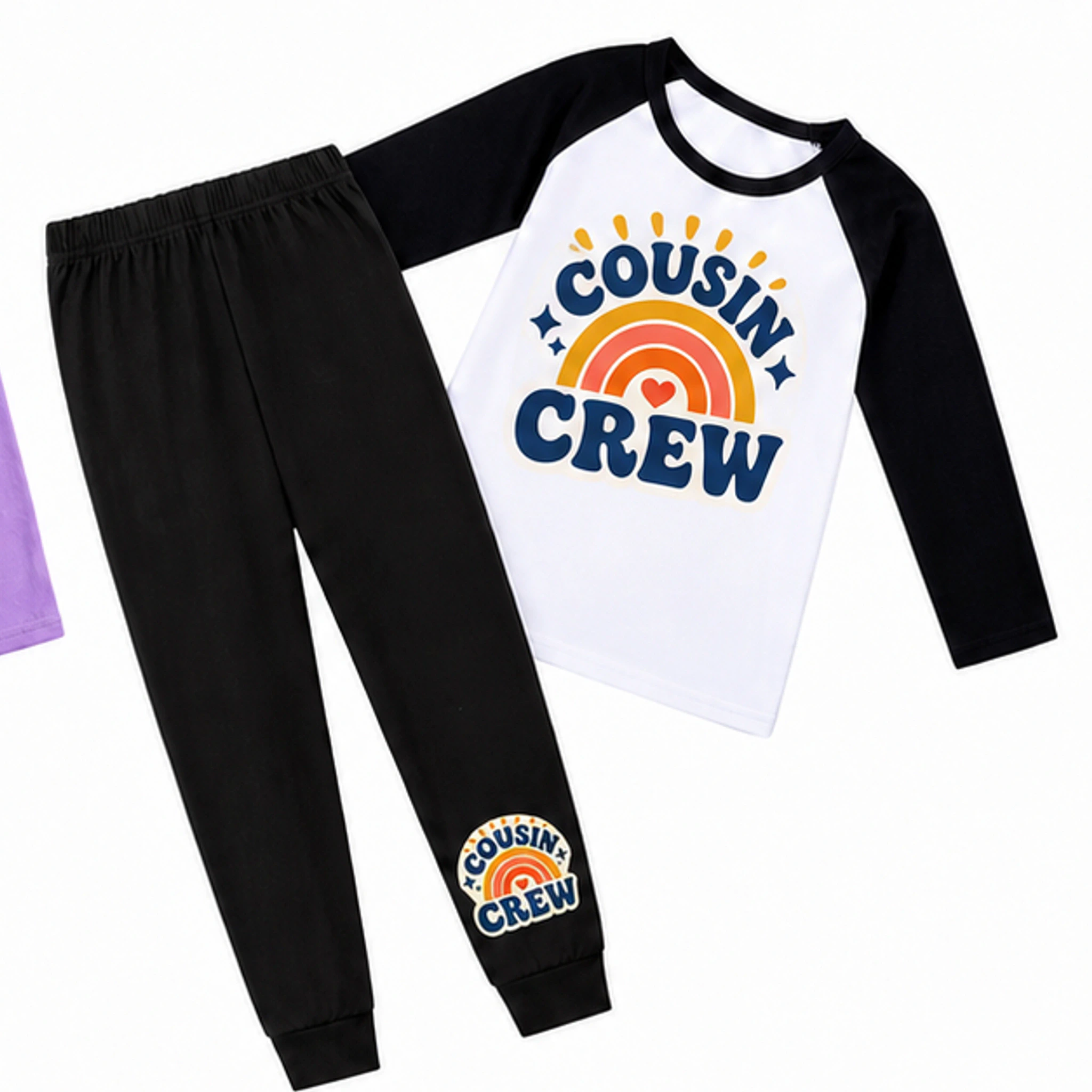 Black · Short-Sleeve Style Custom Kids Three-Quarter-Sleeve Raglan Top & Pants Set with the Cousin Crew design