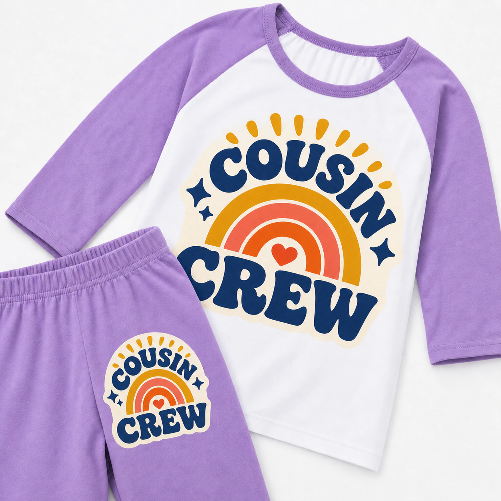 Cousin Crew Custom Kids Three-Quarter-Sleeve Raglan Top & Pants Set print, fabric, and construction details