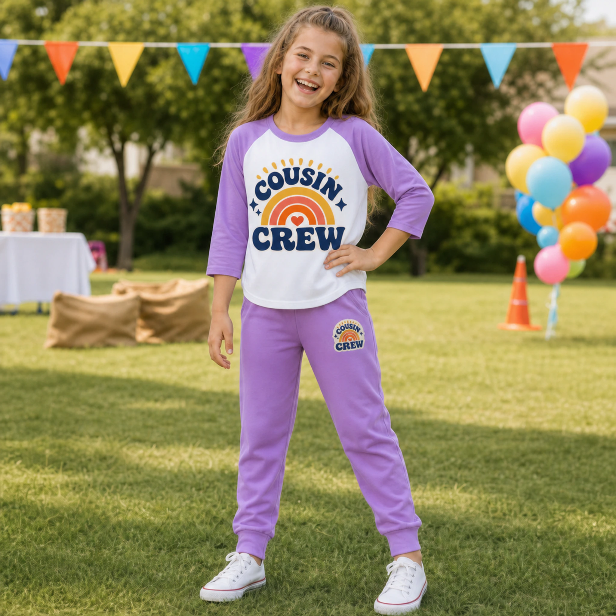 Cousin Crew Custom Kids Three-Quarter-Sleeve Raglan Top & Pants Set shown in a styled lifestyle setting